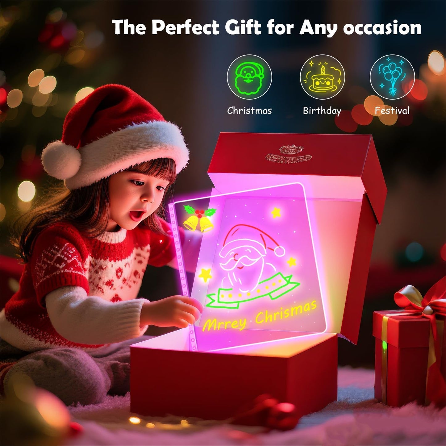Led Dry Erase Board with Stand for Kids, Led Note Board with Colors Light Up Drawing Board 13.7"X10" Acrylic Message Board Dry Erase Led Notepad Illuminated Board with 7 Color Markers for Gifts Toys