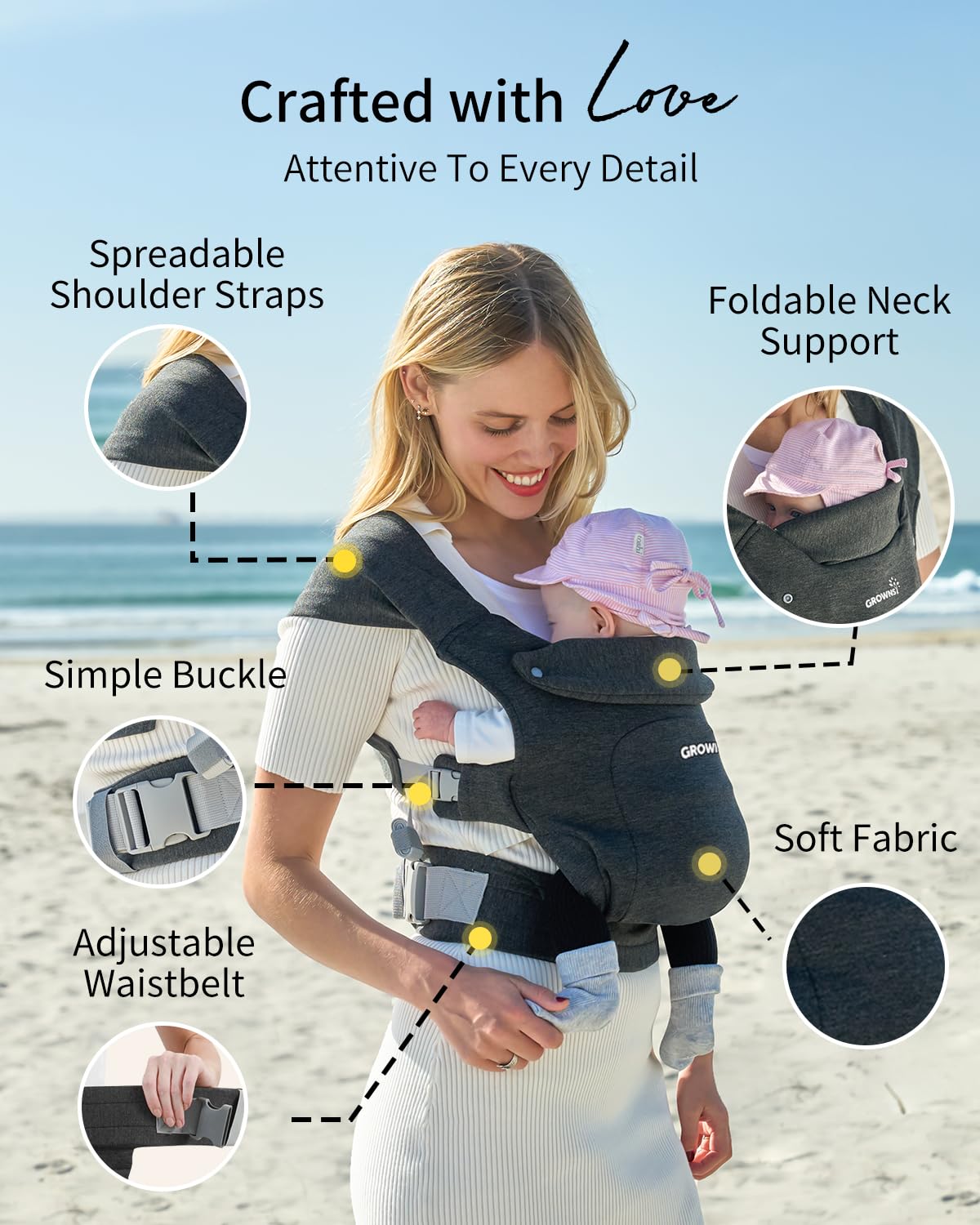 GROWNSY Baby Carrier Newborn to Toddler, Cozy Baby Wraps Carrier, Ergonomic Baby Carrier with Head Support, Deep Gray