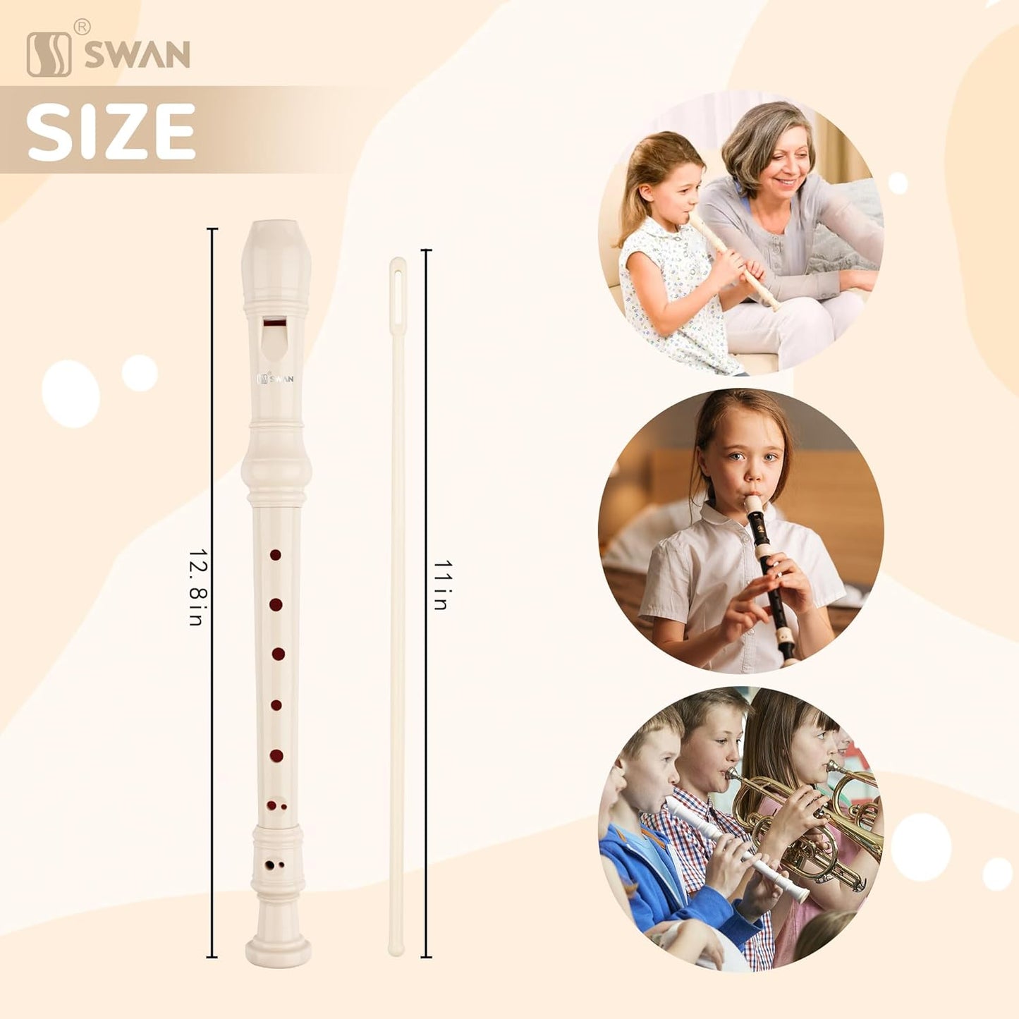 SWAN Soprano Recorder Instrument for Beginners Student - Baroque Style 8 Hole Flute Detachable 3pcs Descant Recorder with Cleaning Rod and Fingering Chart for Kids over 6 Years Old, Beige