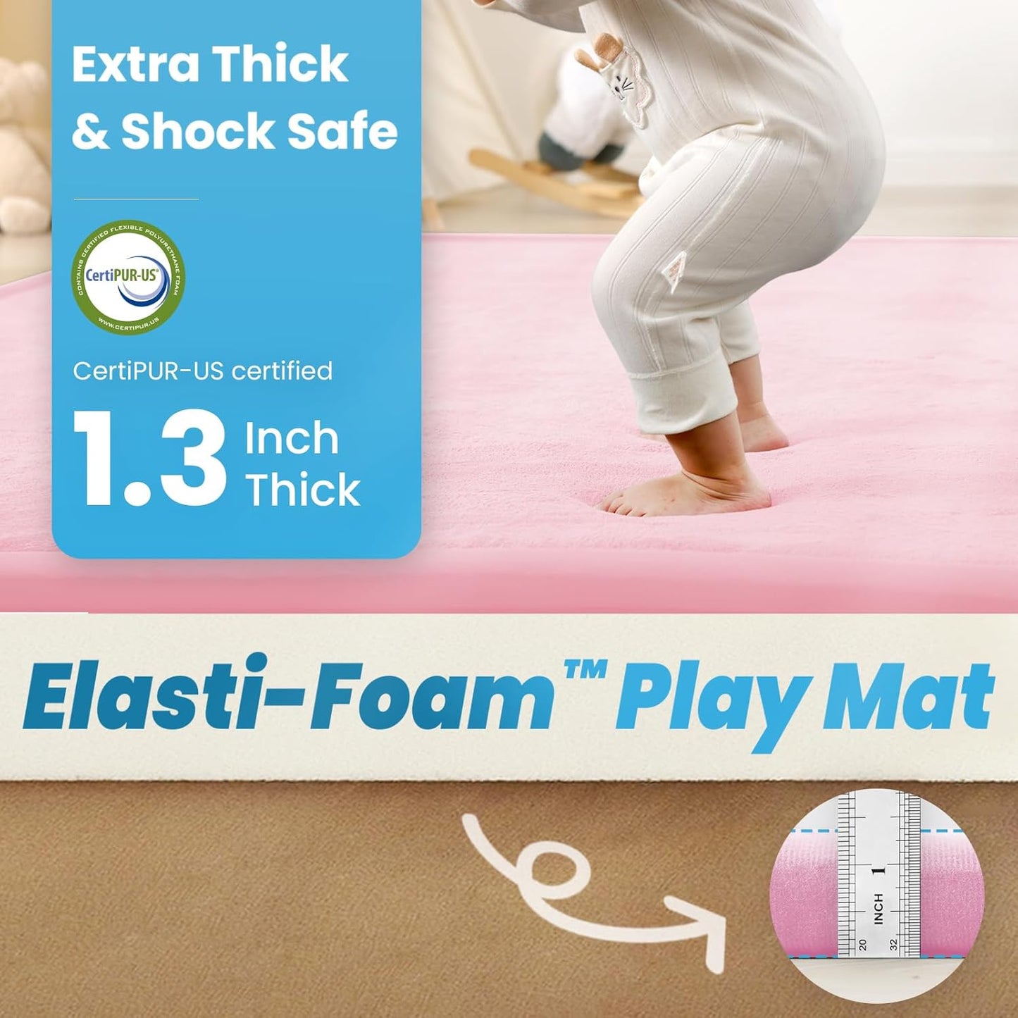 Ultra Soft Baby Play Mat,79"×79" Extra Large Activity Tummy Time Mat for Toddlers,Infants,Kids,1.3" Thick Elasti-Foam Nursery Rug for Floor,Non-Slip Safe for Crawling,Water-Repellent(Pink)