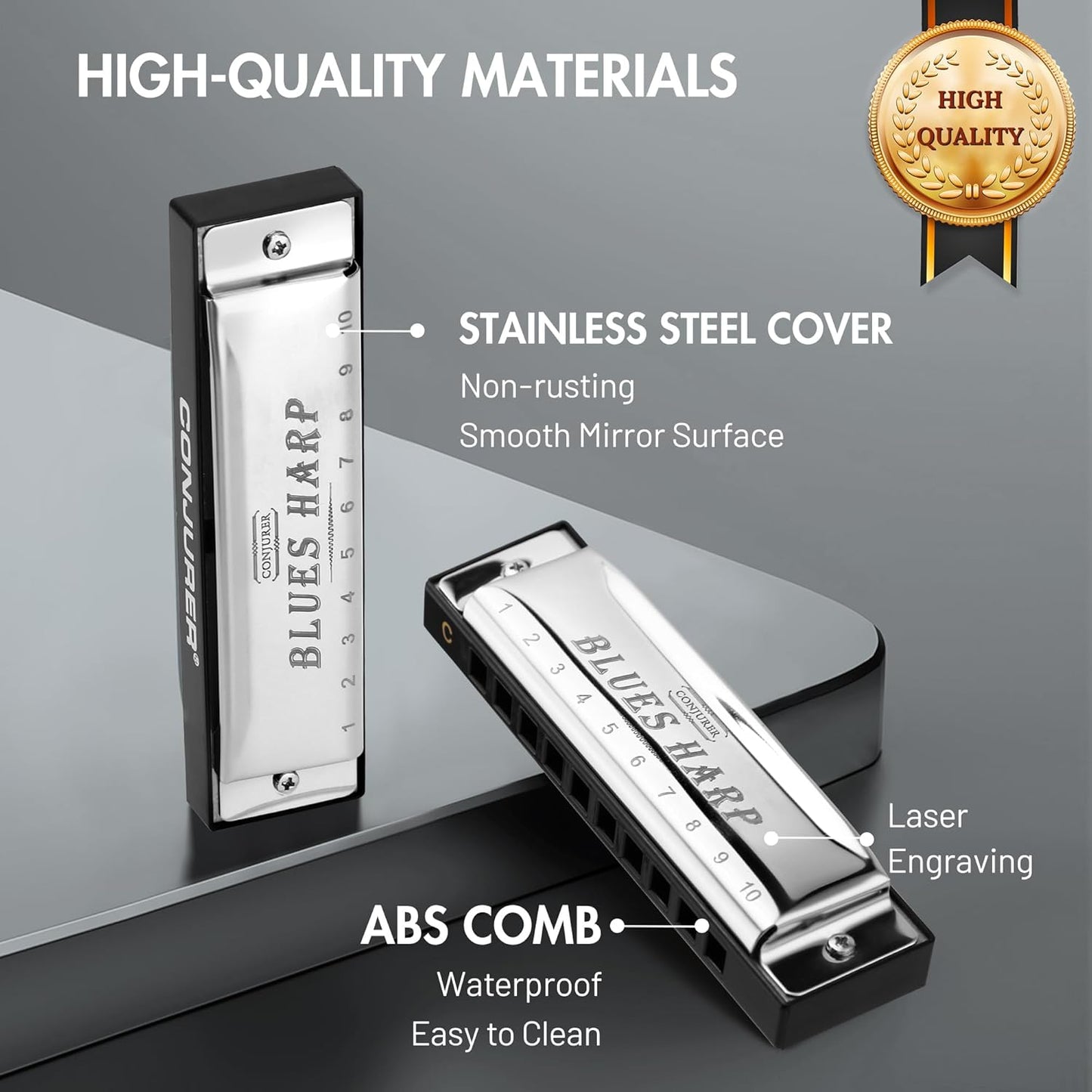 CONJURER Blues Harmonica for Beginners, 10 Hole A Key Diatonic Blues Harp with Stainless Steel Cover & Phosphor Bronze Reeds, Professional Grade for Adults, Gifts (Silver A)