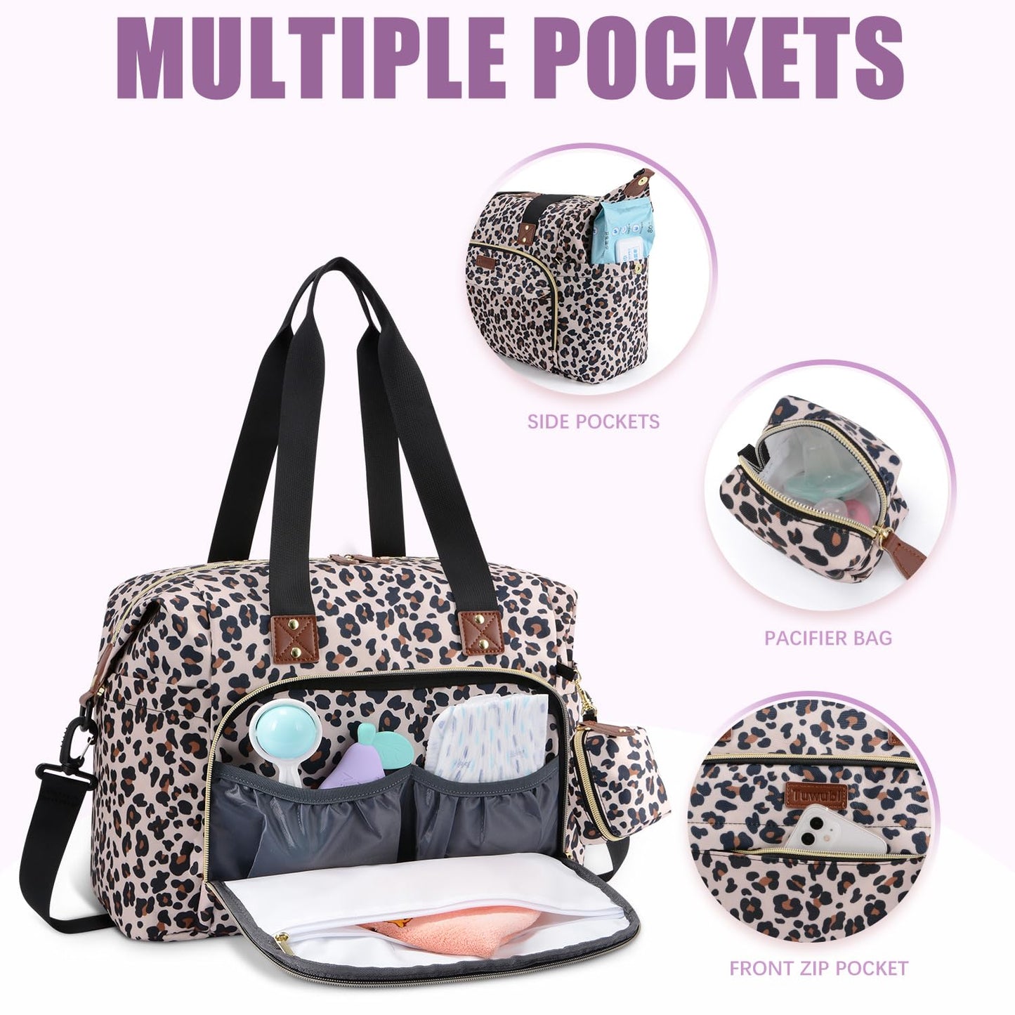 Tuwubi Diaper Bag Tote,Baby Diaper Bag with Pacifier Case Large Travel Diaper Tote Caddy for Mom and Dad Multifunction Large Baby Bag - Leopard Print