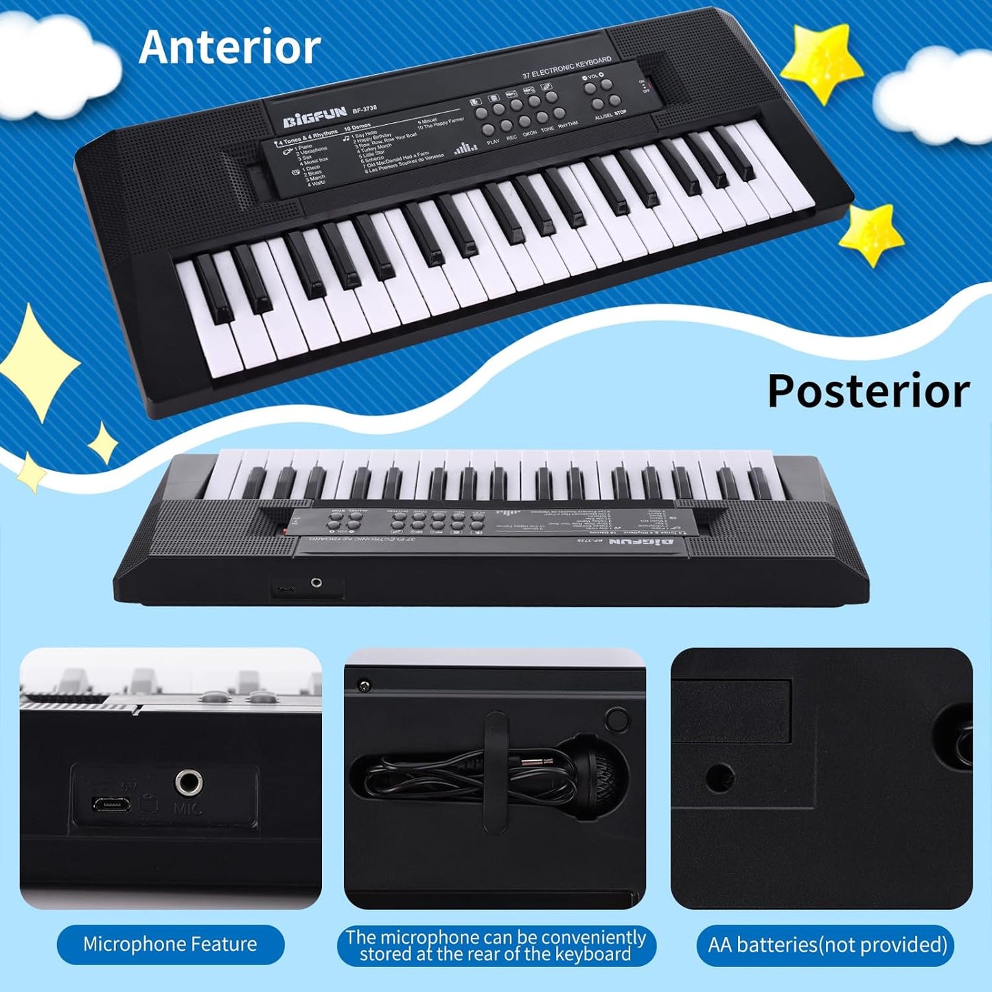 Kids Piano Keyboard, 37 Keys Portable Music Keyboard Early Learning Educational Electronic Music Piano Instrument Toys for 3 4 5 6 Year Old Boys and Girls (Black)