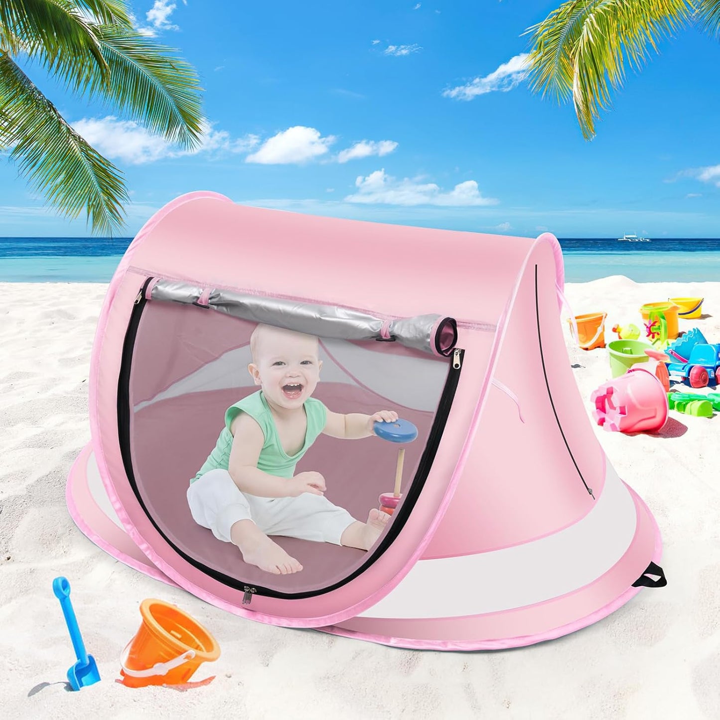 Baby Beach Tent,Large Pop Up Beach Tent Sun Shade for Beach,Portable Baby Travel Tent with Mosquito Net,Indoor Baby Play Tent,UPF 50+ UV Protection Sun Shelters for Infants