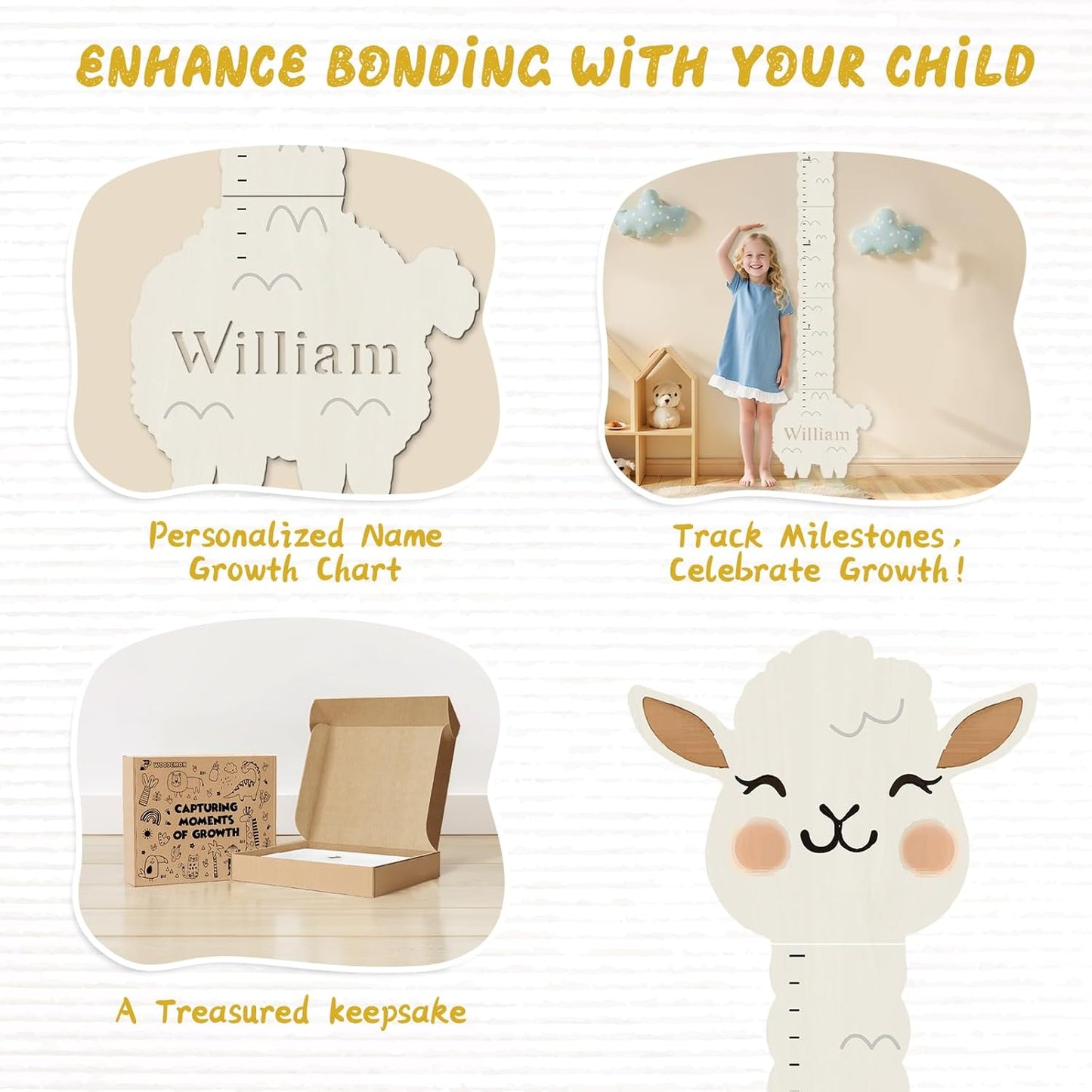 Personalized Name Height Chart for Wall, Alpaca Wood Growth Chart, Height Measurement for Wall Girls Boys Teen Room Wall Decor 63" x 15.7"