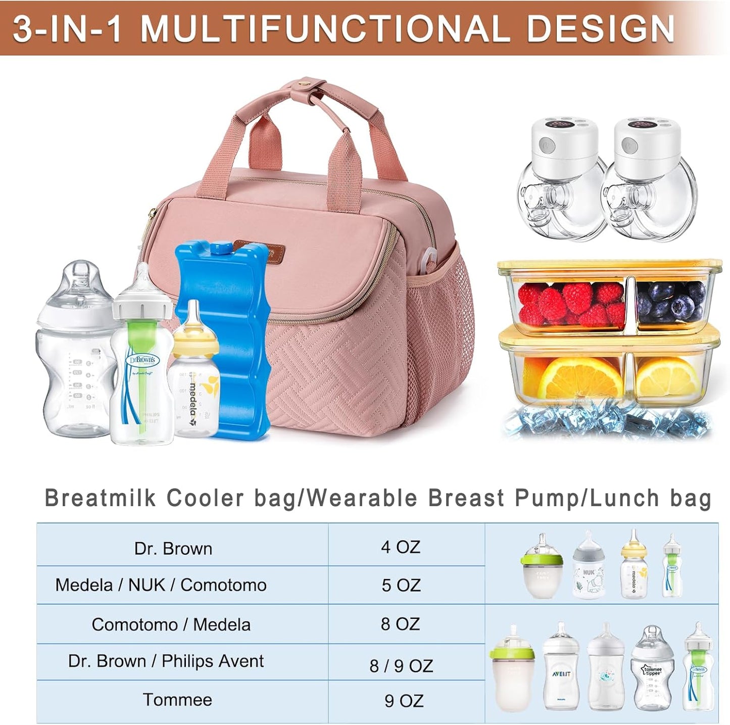 Breastmilk Cooler Bag with Ice Pack Fits 6 Baby Bottles up to 9 Ounce, Wearable Breast Pumps Cooler Bag for Nursing Mom Daycare, Work, Travel- Pink