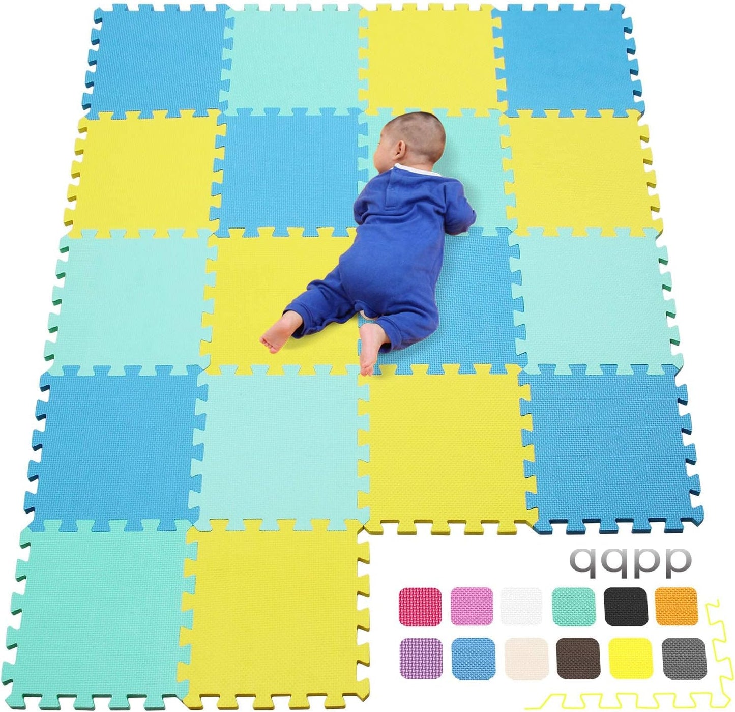 qqpp EVA Rubber 18 Tiles Interlocking Puzzle Foam Floor Mats - Baby Play Mat for Playing | Exercise Mat for Home Workout. Yellow, Blue, Green. QC-EGHb18N