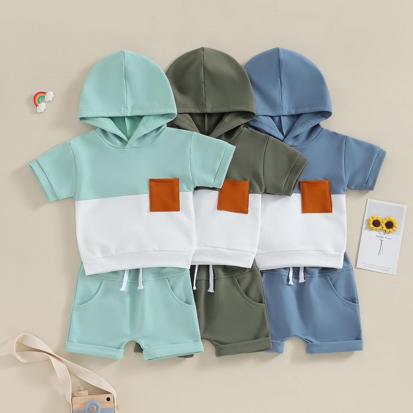 Toddler Baby Boy Summer Hooded Outfit Contrast Color Short Sleeve T Shirt Top Elastic Shorts Summer Clothes Set