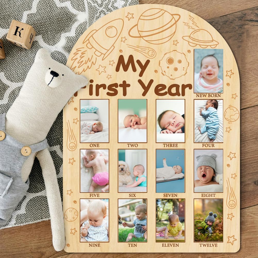 ORIGACH My First Year Baby Growth Photo Display Wood Board - 12 Months Newborn Milestones Photo Board - Neutral Baby Keepsake Board 1st Birthday Party Nursery Decor New Mom Gift - Space