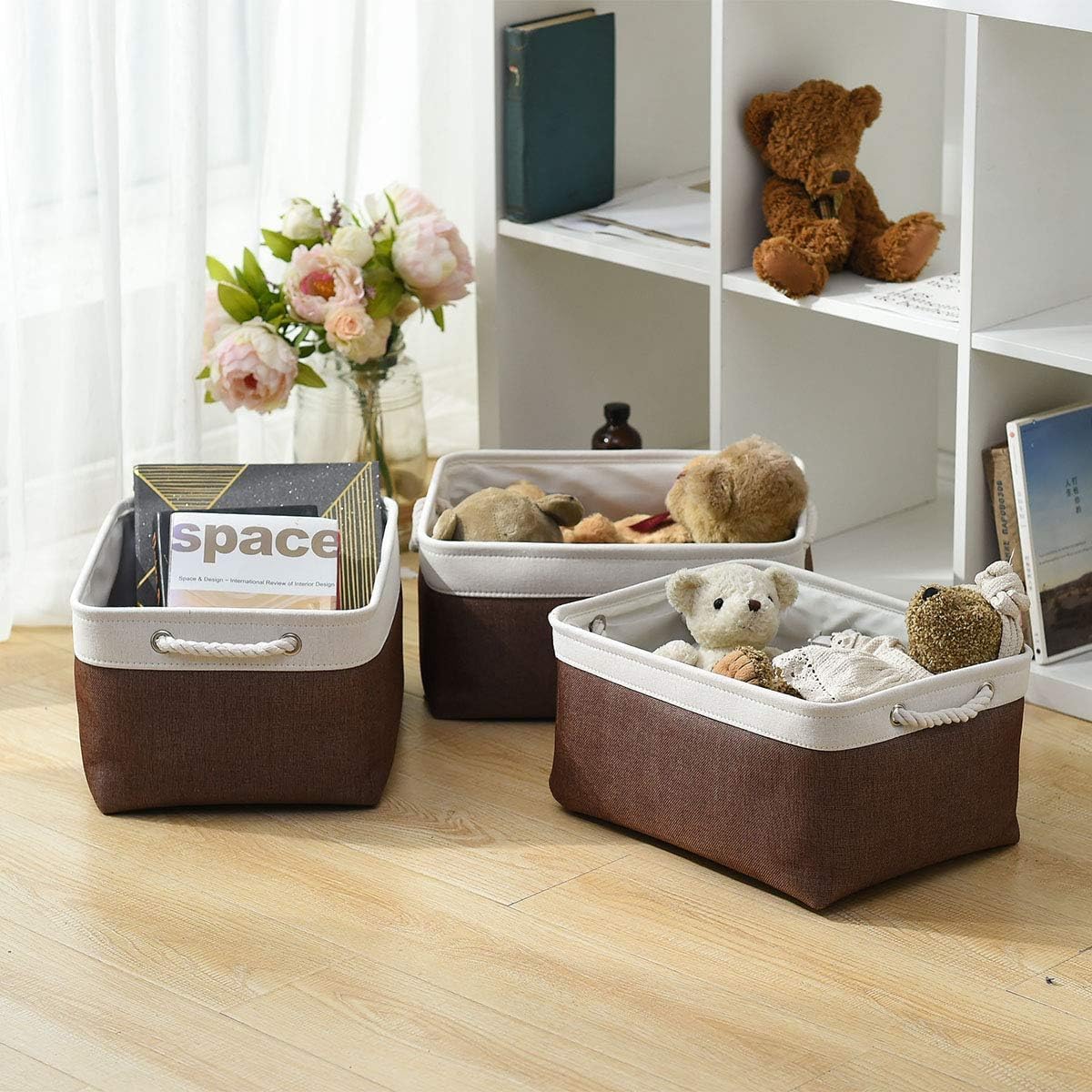 Organization and Storage Basket for Organizing - 16x12x8 inch Large 4 Pack Fabric Storage Cube Collapsible Storage Bins for Shelves, Storage Box for Cloth Books Canvas(White & Flaxen)