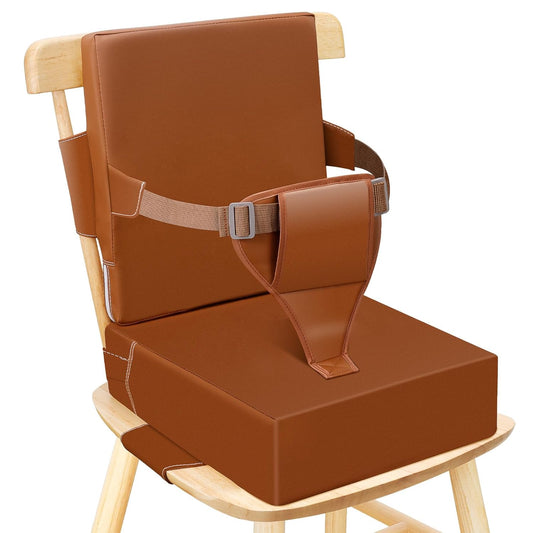 Toddler Booster Seat for Dining Table Kitchen Chair, Waterproof Non-Slip with Backrest & Adjustable Straps, Portable PU Travel Baby Kids Booster Seat Cushion
