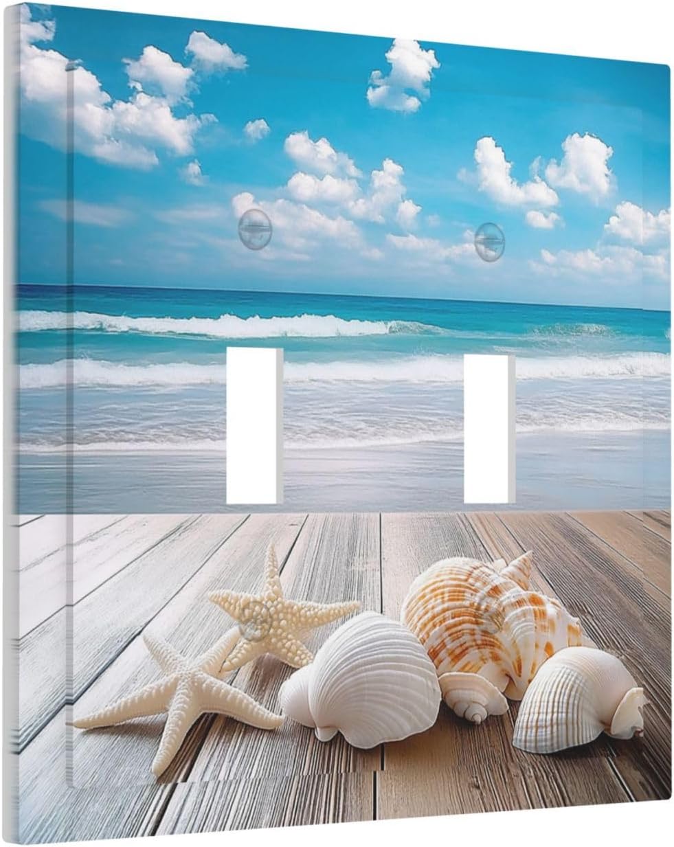 Decorative Switch Plates Beach Waves Brown Wood Starfish Shells 2 Gang Double Toggle Outlet Light Switch Cover Wall Plate Electrical Faceplate For Bathroom Living Room Decor