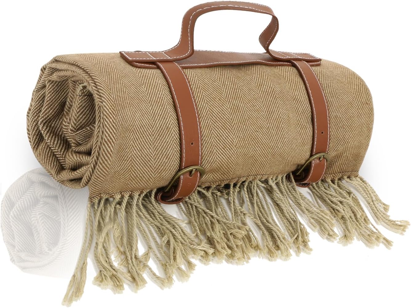 Picnic Blanket Extra Large Waterproof with Strap 59"x79" - Machine Washable Tassels Faux Wool Cashmere for Park, Grass, Camping, Hiking, Concerts (Coffee, 59"X79")
