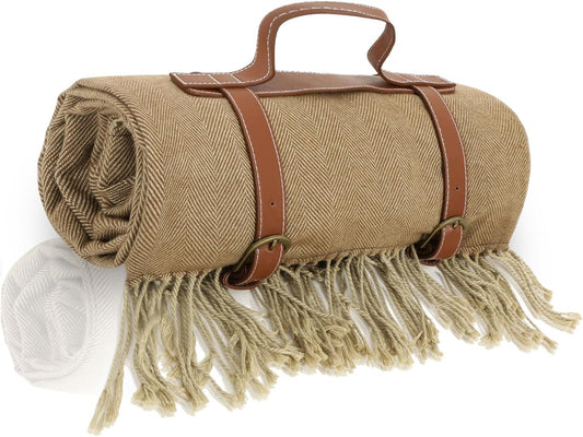 Picnic Blanket Extra Large Waterproof with Strap 59"x79" - Machine Washable Tassels Faux Wool Cashmere for Park, Grass, Camping, Hiking, Concerts (Coffee, 59"X79")