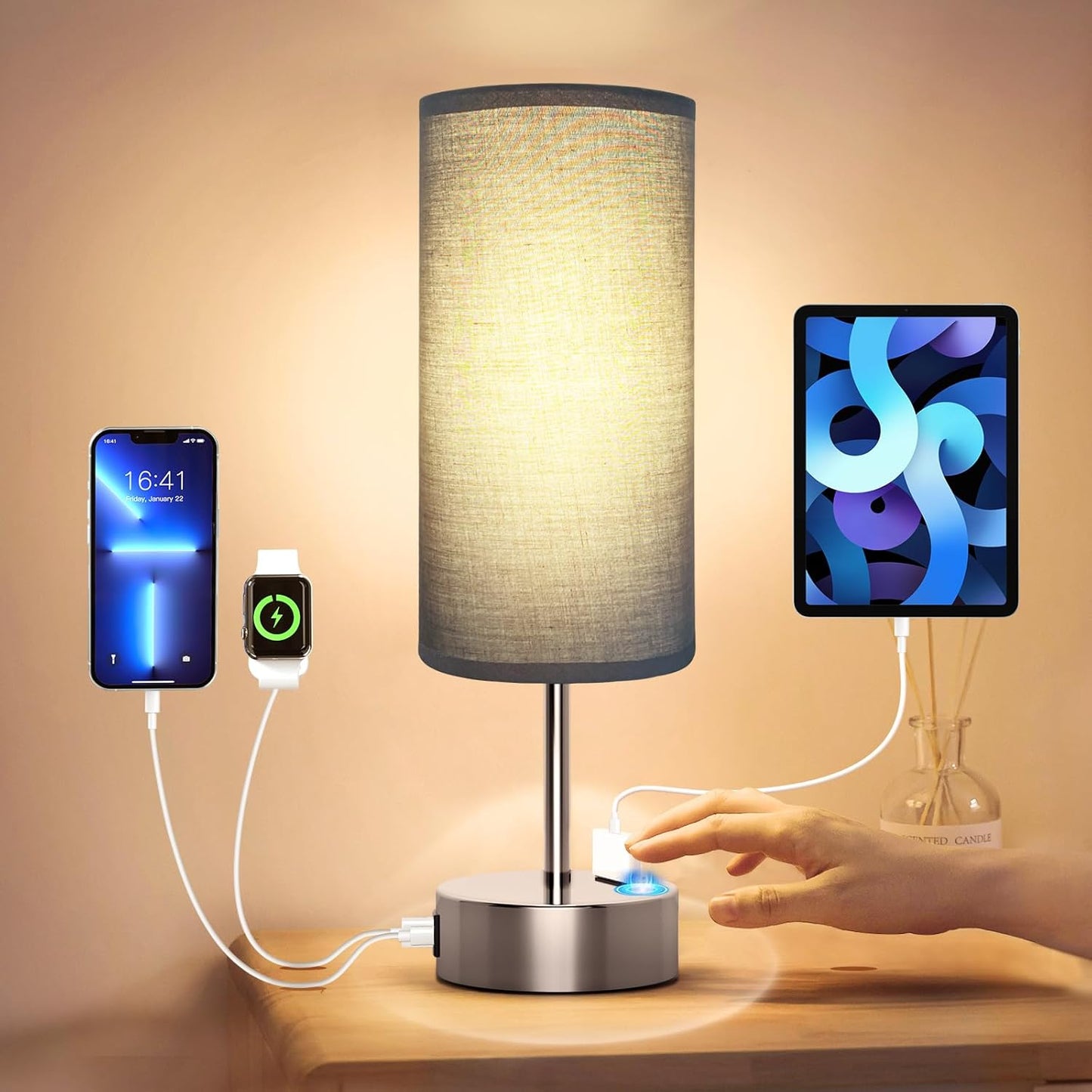 KPQ Small Bedside Lamp Touch Control Table Lamp with USB A+C Charging Ports & AC Outlet 3-Way Dimmable Nightstand Lamp with Linen Fabric Shade for Bedroom Living Room