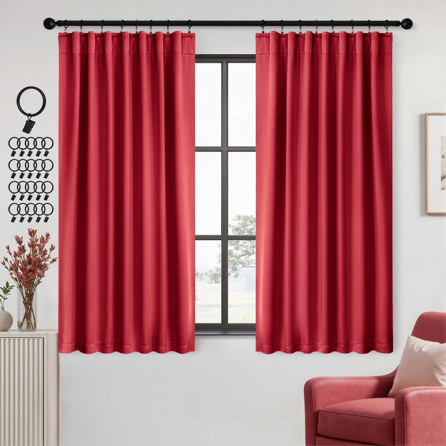 ANRODUO Back Tab Blackout Curtains for Bedroom Living Room, Rod Pocket Pinch Pleated Thermal Insulated Room Darkening Curtains 63 Inches Long 2 Panels, Red, 42 x 63 Inch