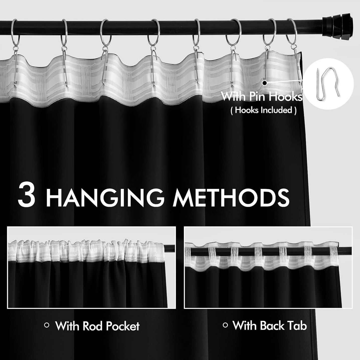 MIULEE Back Tab Blackout Curtains 102 Inch Long 2 Panels Set for Living Room Bedroom, Halloween Black Rod Pocket/Pinch Pleated Thermal Insulated Room Darkening Light Blocking Floor to Ceiling Drapes