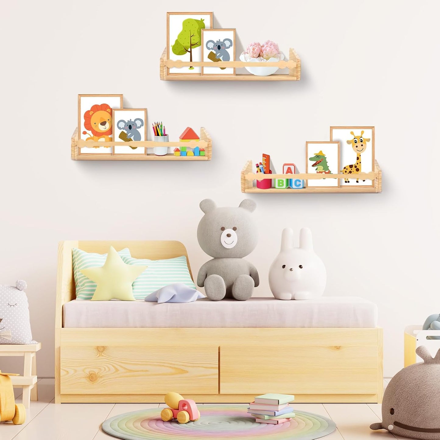 comfoyar Nursery Book Shelves Set of 3, 15.7 Inch Solid Pine Floating Shelves for Wall, Hanging Bookshelf for Kids Boys Girls Baby, Decoration for Bedroom Kitchen Bathroom Playroom, Natural