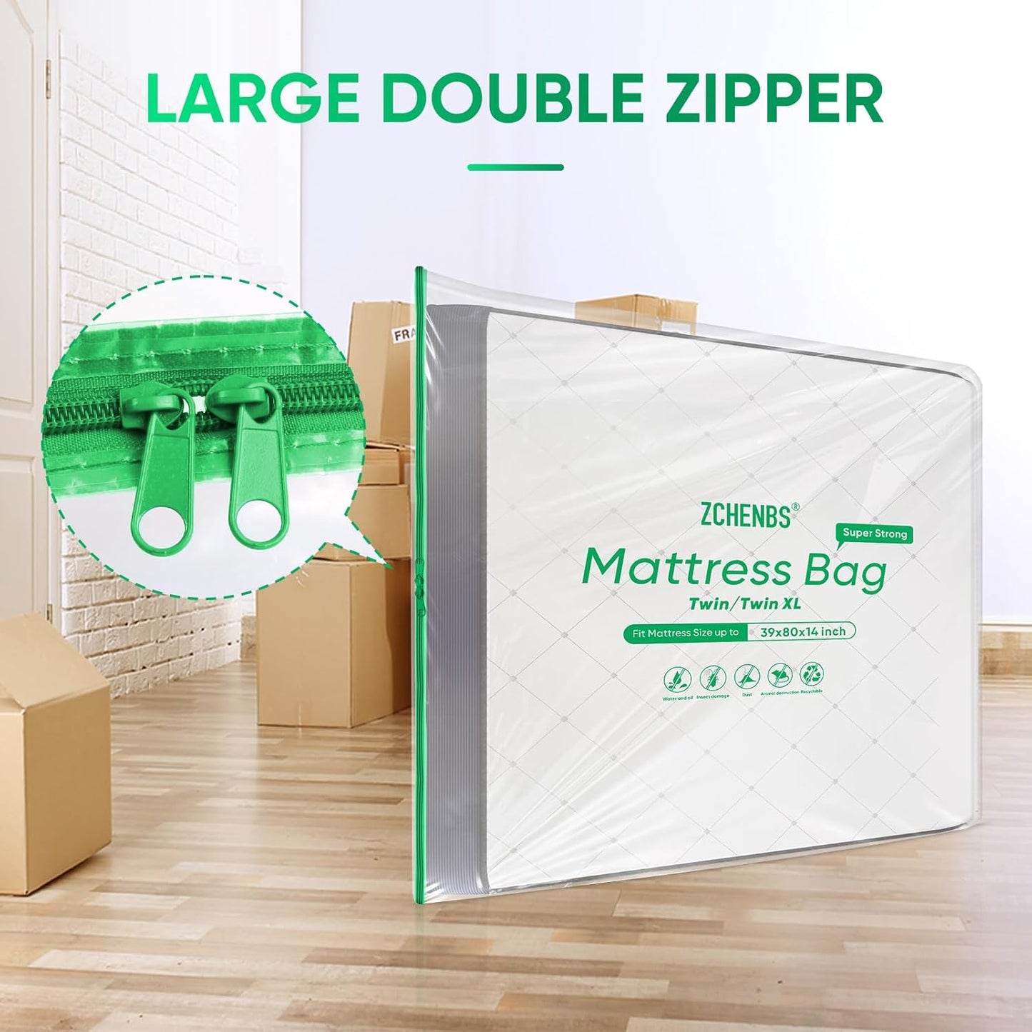 ZCHENBS® – Mattress Bags for Moving and Storage,Mattress Bag with Zippers,5 Mil Ultra-Thick Bed Bag,Waterproof,Anti-Tear,Heavy-Duty Mattress bag (Tansparent/Green, Green-King/California King-(1 Pack))