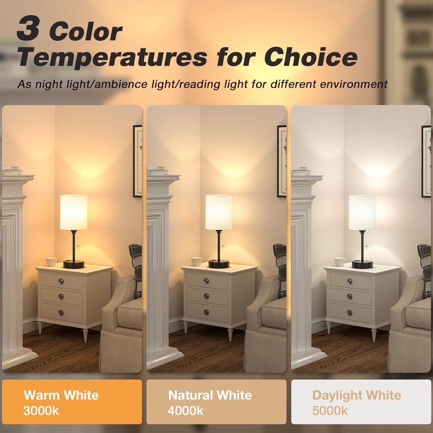 Small Bedside Table lamp for Bedroom - 3 Color Temperatures Bedside Lamps with USB C and A Ports, Pull Chain Table Lamps with AC Outlet, White Nightstand Lamps with Black Metal Base for Kids Reading