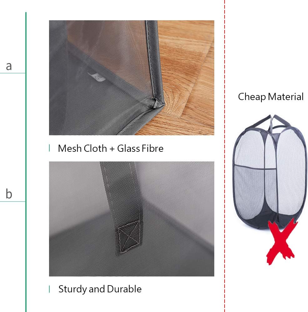 HONOMA Mesh Popup Laundry bags Hamper with Handles,Portable Durable Collapsible Storage Easy Folding Pop-Up Clothes Hampers Basket Foldable for Kids Room College Dorm or Travel (Grey,Single-Layer)