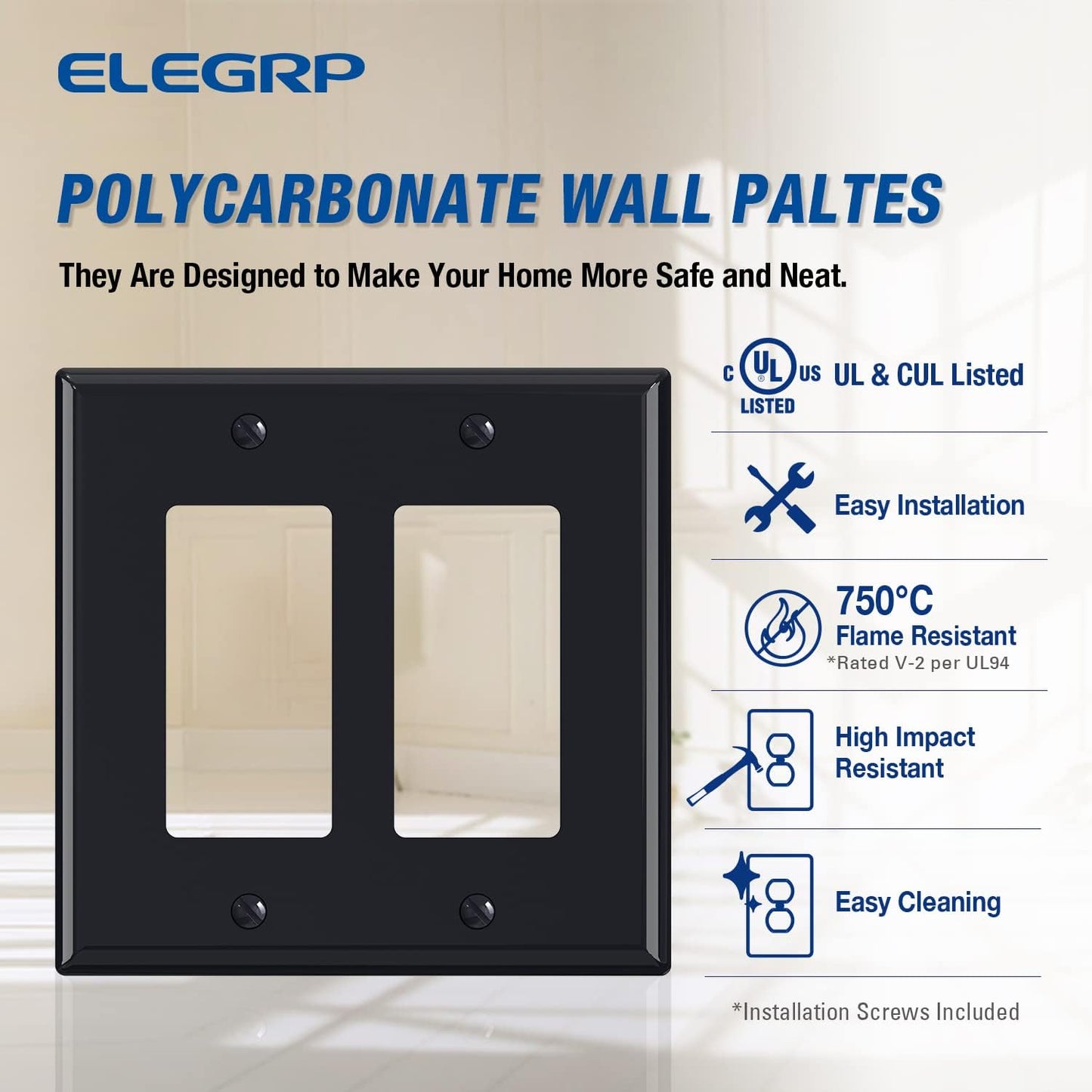 ELEGRP 2-Gang Decorative Wall Plates, Mid-Size 4.88" H x 4.94" L Unbreakable Thermoplastic Faceplate Cover for Decorator Receptacle Outlet Switch, UL Listed (10 Pack, Glossy Black)