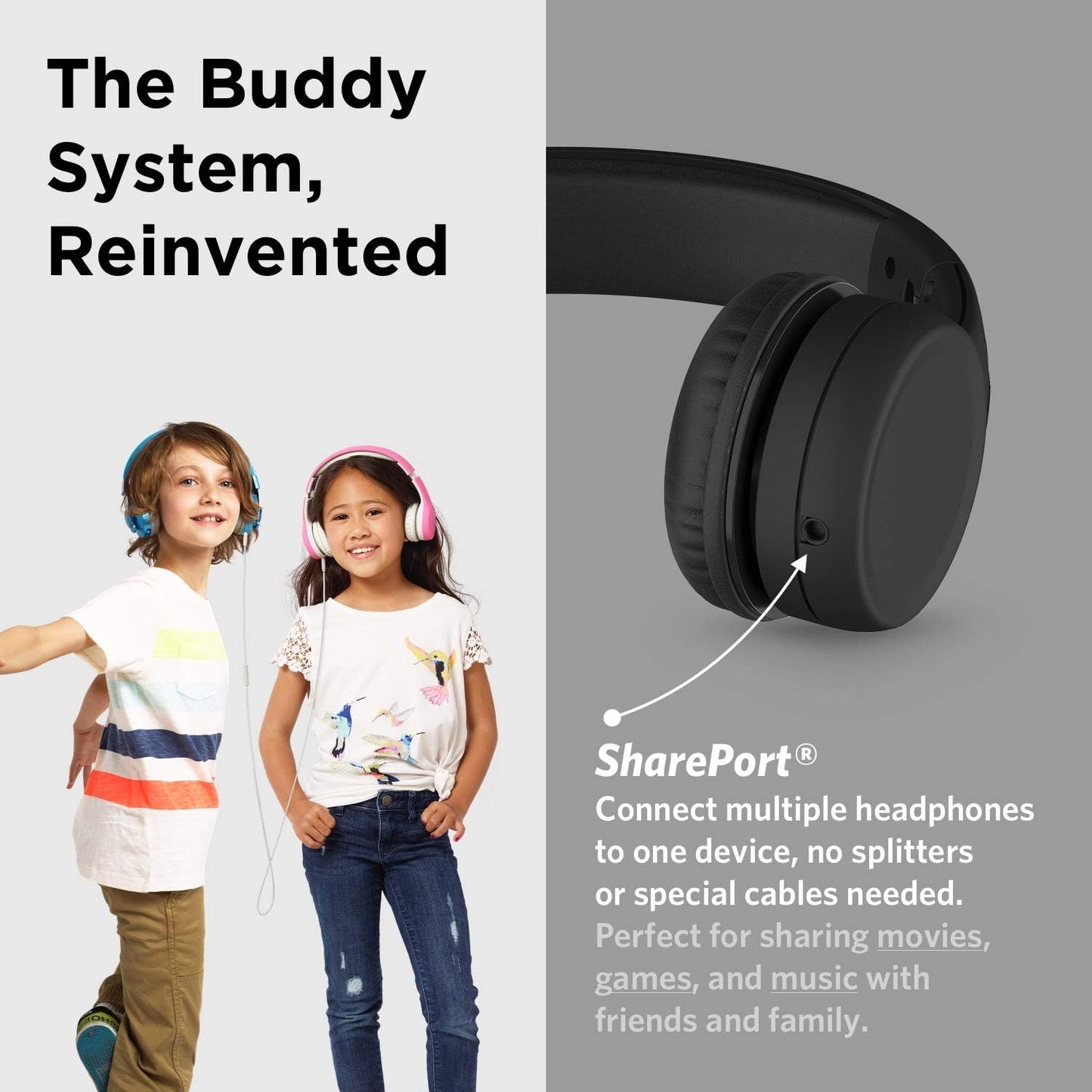 LilGadgets Connect+ Wired Kids Headphones for School with Mic, Volume Limited & Noise Reduction, On-Ear Headset with Cord, SharePort Technology for Multiple Kids & SoftTouch Padding, Black
