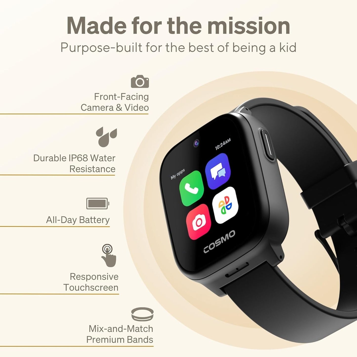 JrTrack 5 Kids Smart Watch by Cosmo | Best Kid-Safe Phone Watch | Precision Real-Time GPS Tracking | Call, Text, Activity, School Settings | Spotify Music | Parental Controls | SOS & Safety Alerts