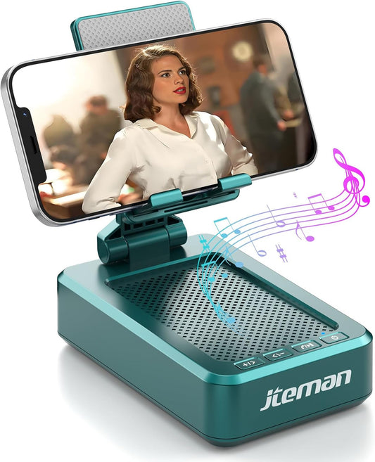 JTEMAN Cell Phone Stand with Wireless Bluetooth Speakers,Angle Adjustable Strong Pedestal Phone Stand for Desk,HD Sound and Bass Bluetooth Speaker Compatible with All Mobile Phones(Green)