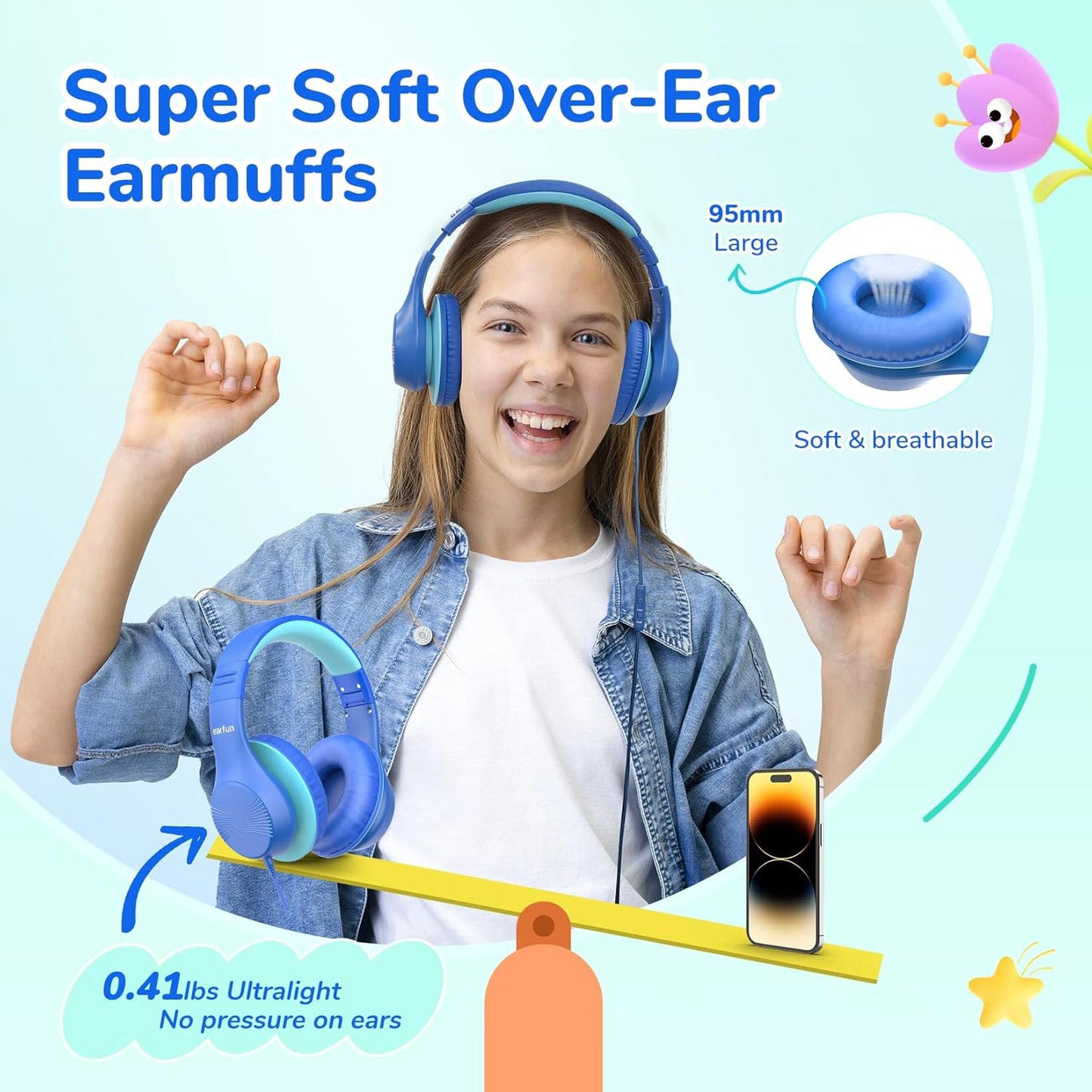 EarFun K3 Kids Headphones, Over Ear Headphones with Microphones, 85/94dB Safe Volume Limit, HD Stereo Sound, 3.5mm Jack, Foldable Wired Headphones for School/Travel/Boys/Girls/Tablet/iPad, Blue