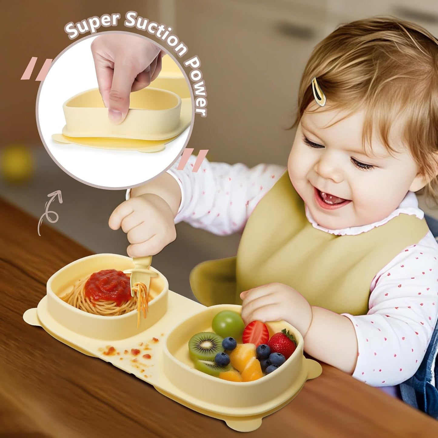 Silicone Foldable Novelty Dinner Plates,Suction Plates for Baby Travel Essential with Forks and Spoons,Microwave & Dishwasher Safe,Yellow