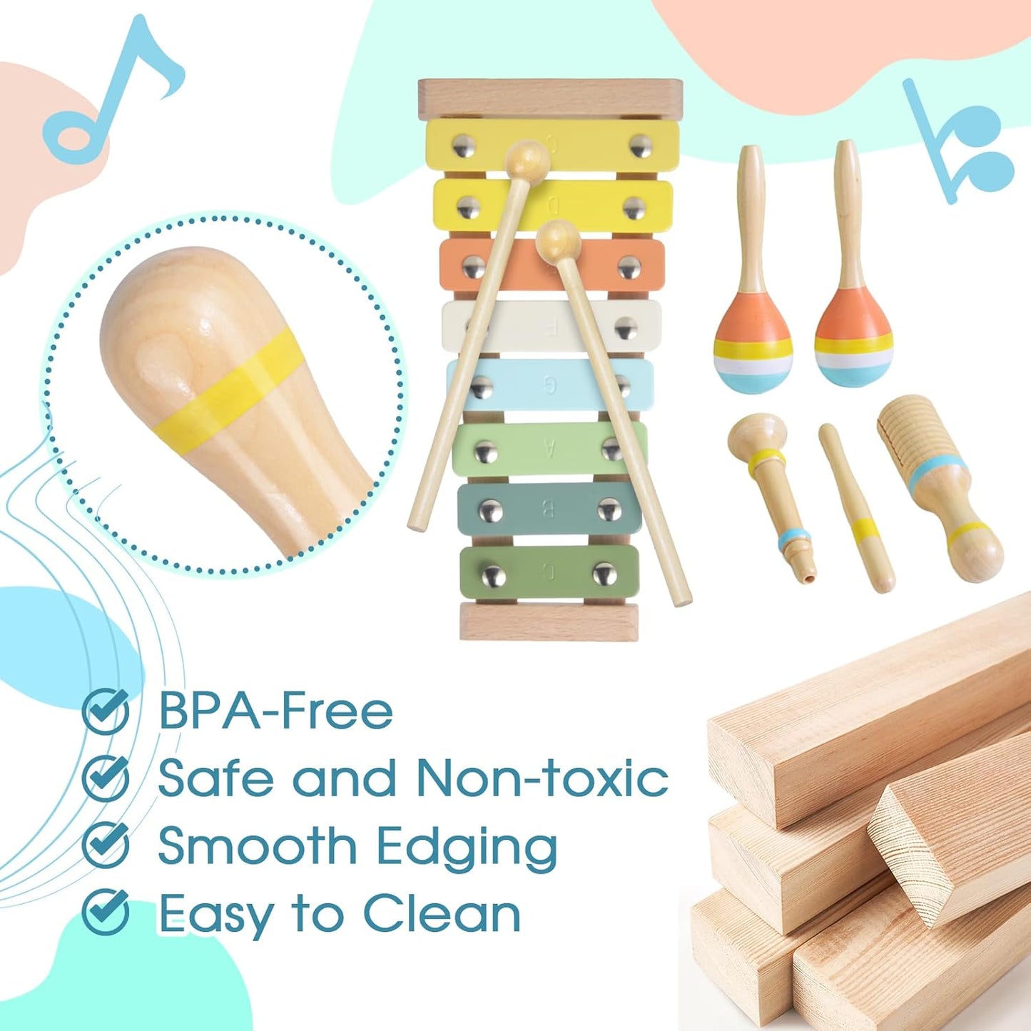 Toddler Musical Instruments Set, Wooden Montessori Toys for 1 2 3 Year Old Boys Girls, Baby Musical Toys with Storage Bag for Early Learning, Christmas Birthday Gift for Kids Preschool Educational