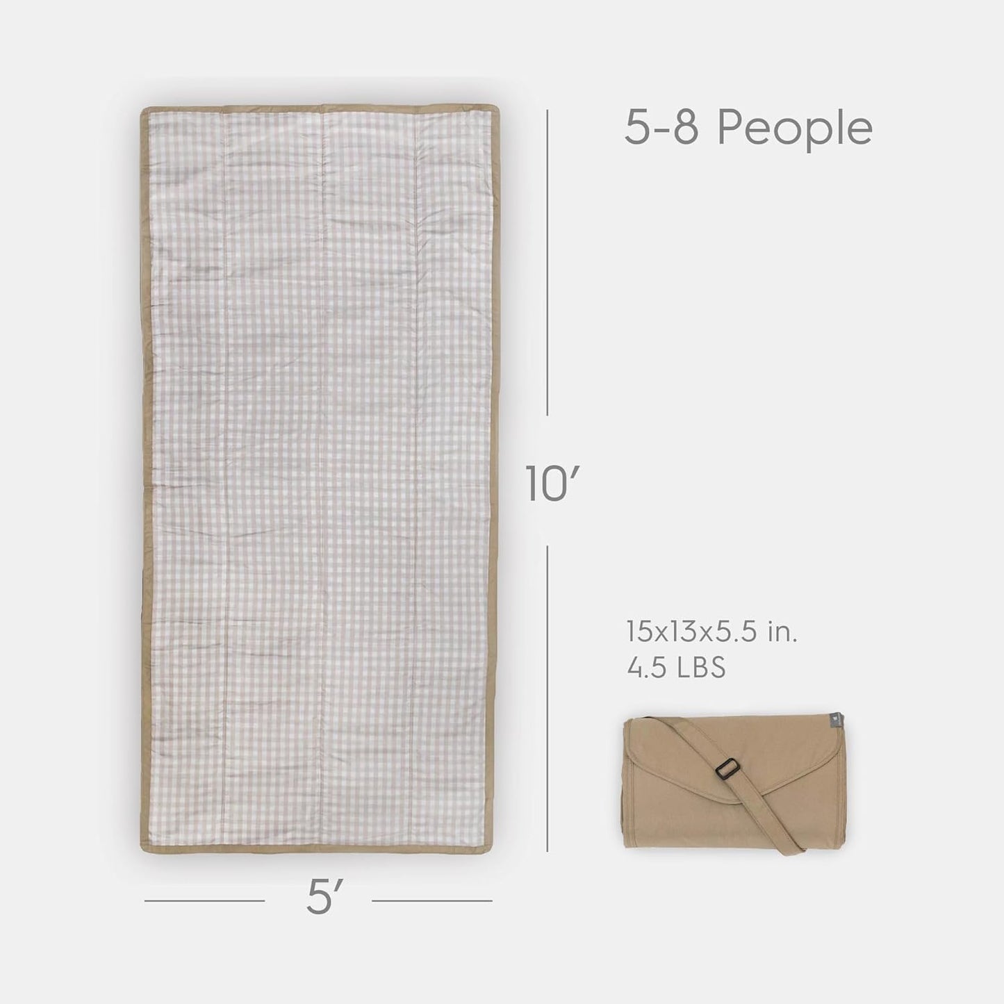 Little Unicorn 5'x10' XL Outdoor Family Picnic & Beach Blanket | Durable & Water-Resistant Fabric | Compact Fold & Easily Wipes Clean | Zipper Pocket (Beige Buffalo Check)