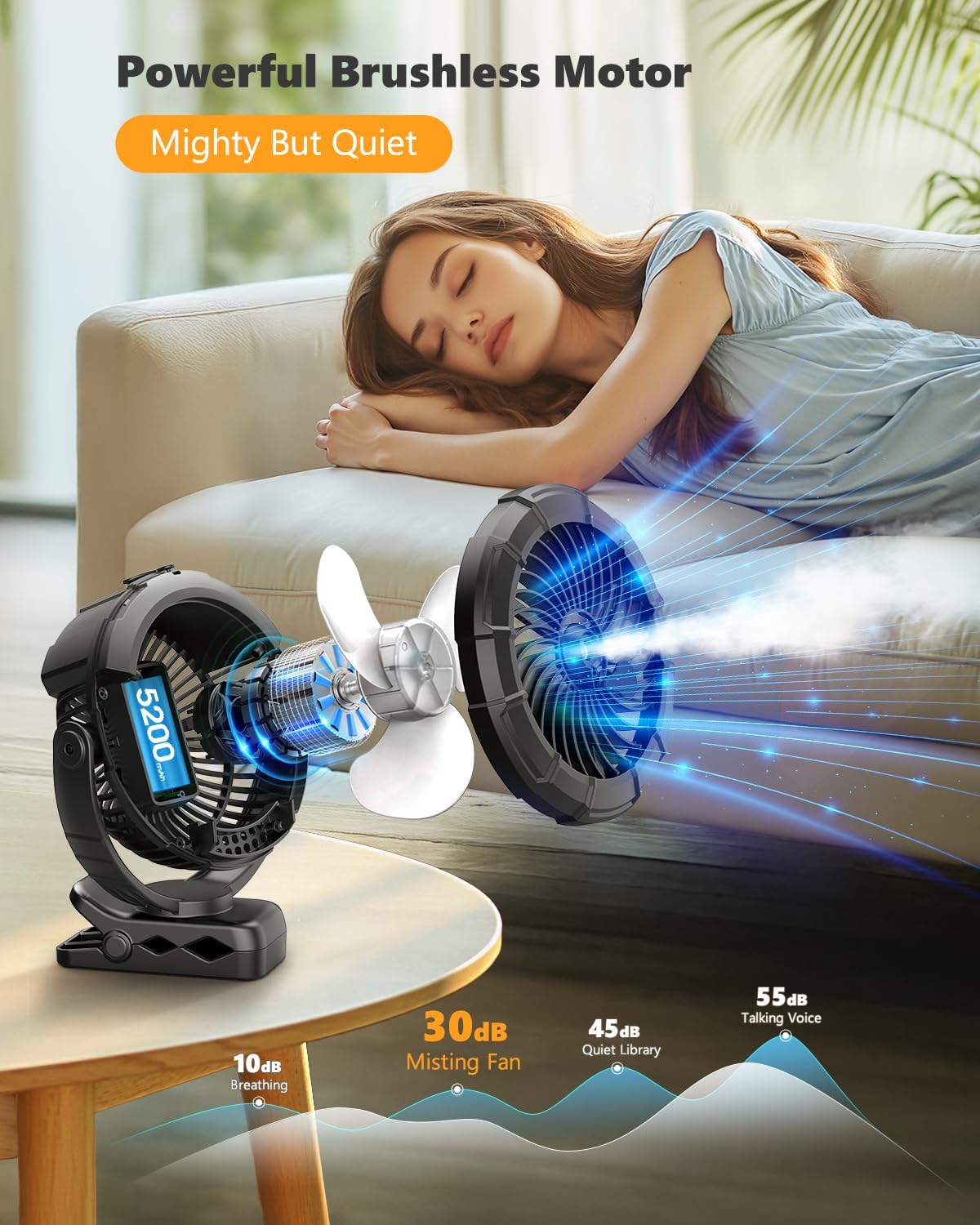 Ausic 3-in-1 Portable Clip on Fan with Misting & LED Lights & Hook, 100ML Baby Stroller Fan, 5200mAh Rechargeable Battery Operated & 360° Rotation & 3 Speeds for Table Outdoor Travel Camp Golf Cart