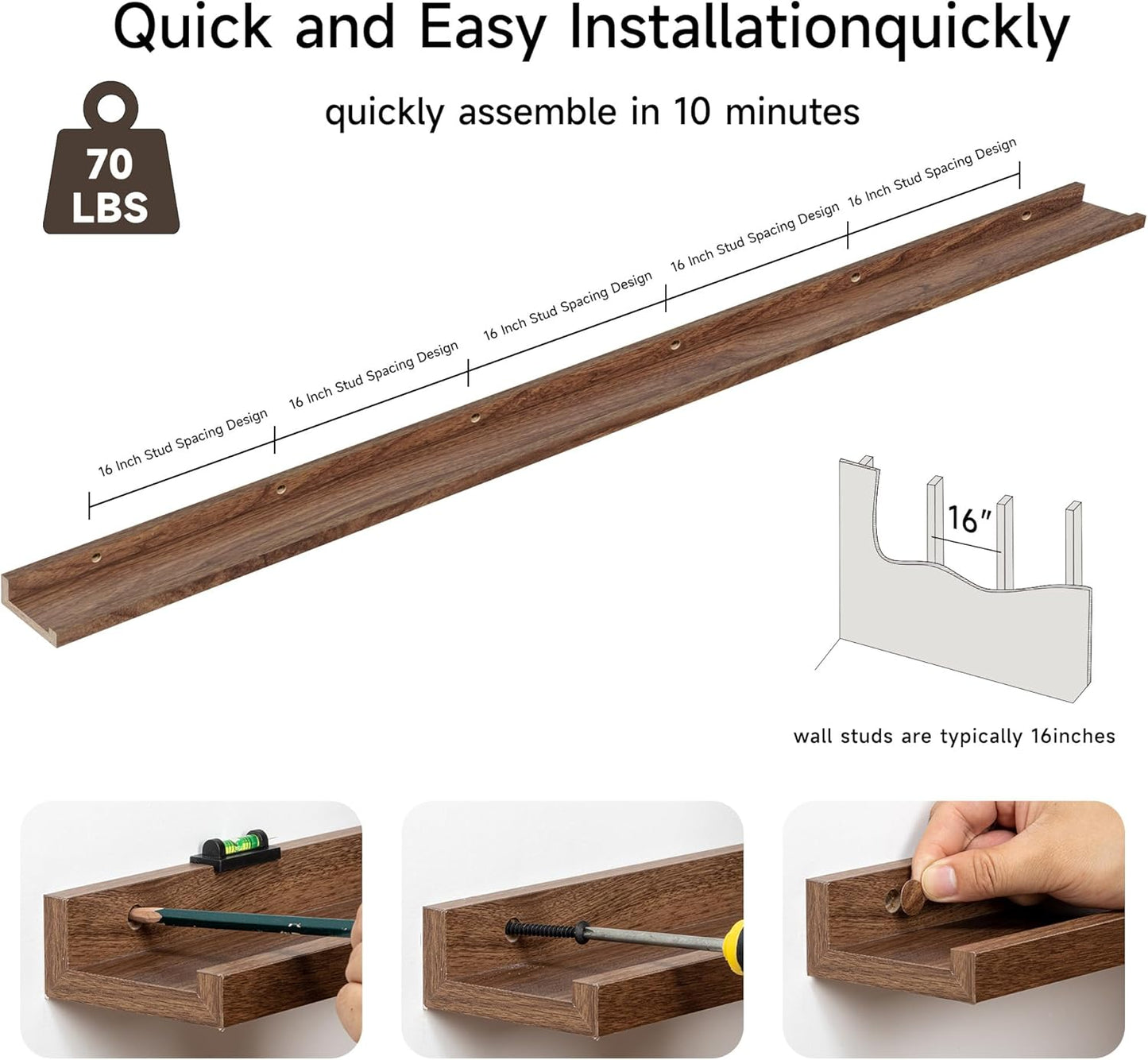 Floating Picture Ledge Shelves for Wall Set of 2, 95 Inches Picture Ledge Shelf with Long Large Nursery Book Shelf for Toys Storage Kids Bookshelf Wall Mounted Living Room Bedroom Decor Frames, Walnut