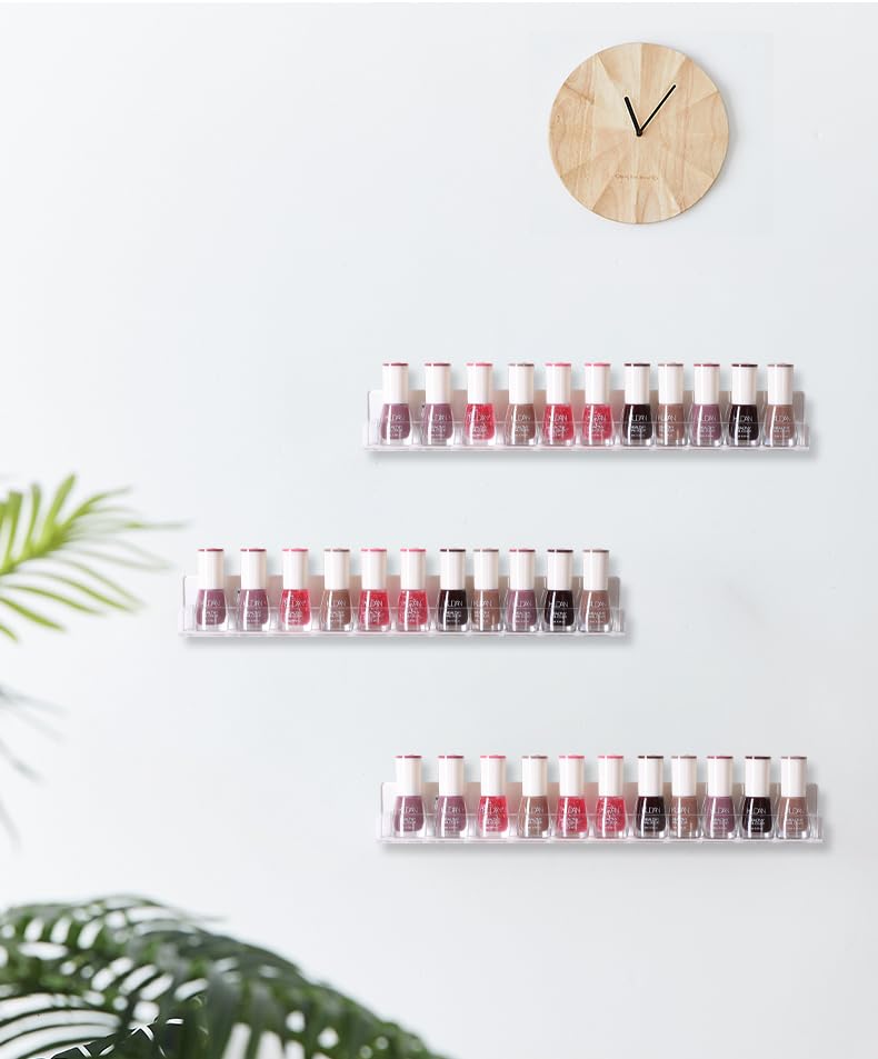 IEEK Nail Polish Rack Wall Mounted Shelf 2 Pack,Clear Kids Wall Bookshelf Acrylic Nail Polish Holder with Removable Anti-Slip End Inserts,2 Tiers Floating Polish Organizer Display 30 Bottles