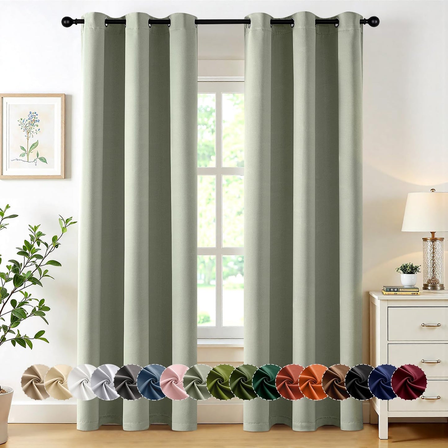 MIULEE Sage Green Blackout Curtains for Bedroom Living Room 72 Inches Long 2 Panels, Thermal Insulated Drapes Solid Grommet Top Noise Reducing Light Green Window Treatments Set W40 x L72 Inch