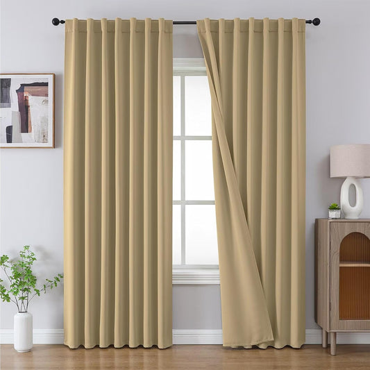 Joydeco 72 Inch Blackout Curtains for Bedroom, Thermal Insulated Black Out Curtains, Room Darkening Drapes for Living Room Window Rod Pocket Back Tab (W52 x L72 Inch, Beige)