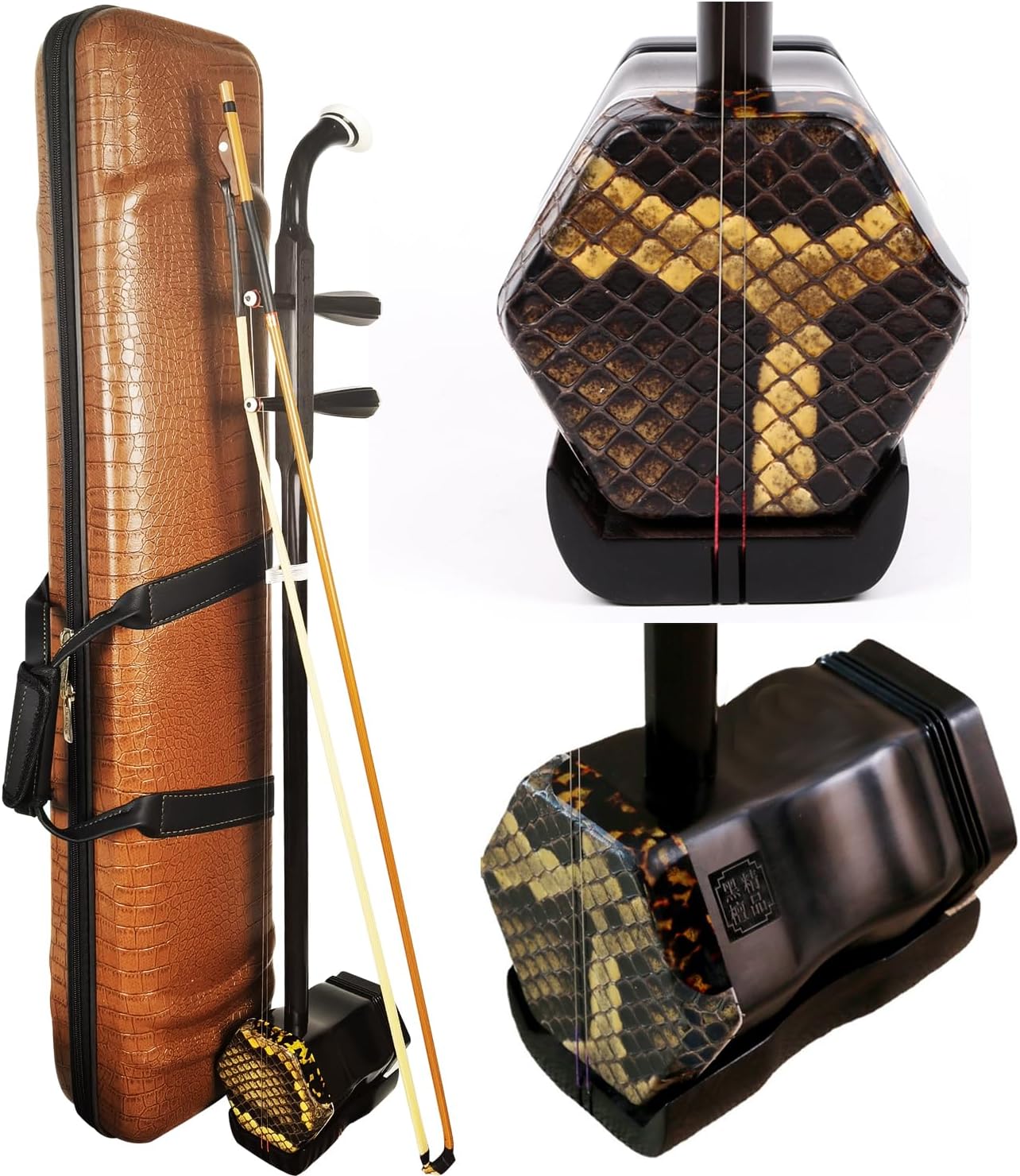 NICOHSINE Professional Black Sandalwood Erhu - Suzhou 2-String Chinese Violin Fiddle with 10 Grids Drum Skin, Learn DVD, Rosin, Clean Cloth, Bridge, and Hard Case