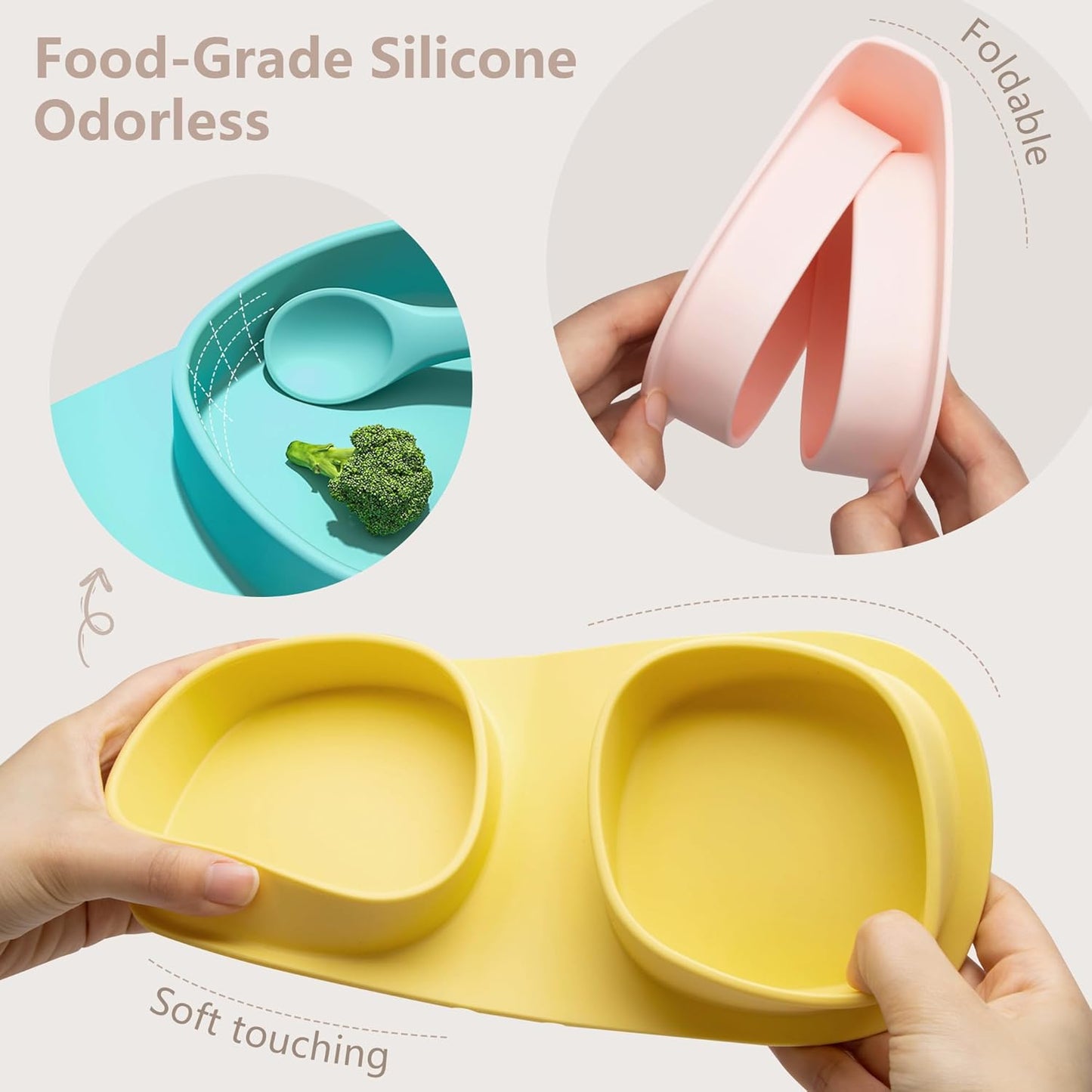 Silicone Foldable Novelty Dinner Plates,Baby Plates Travel Essential with Forks and Spoons,Microwave & Dishwasher Safe,Lemon