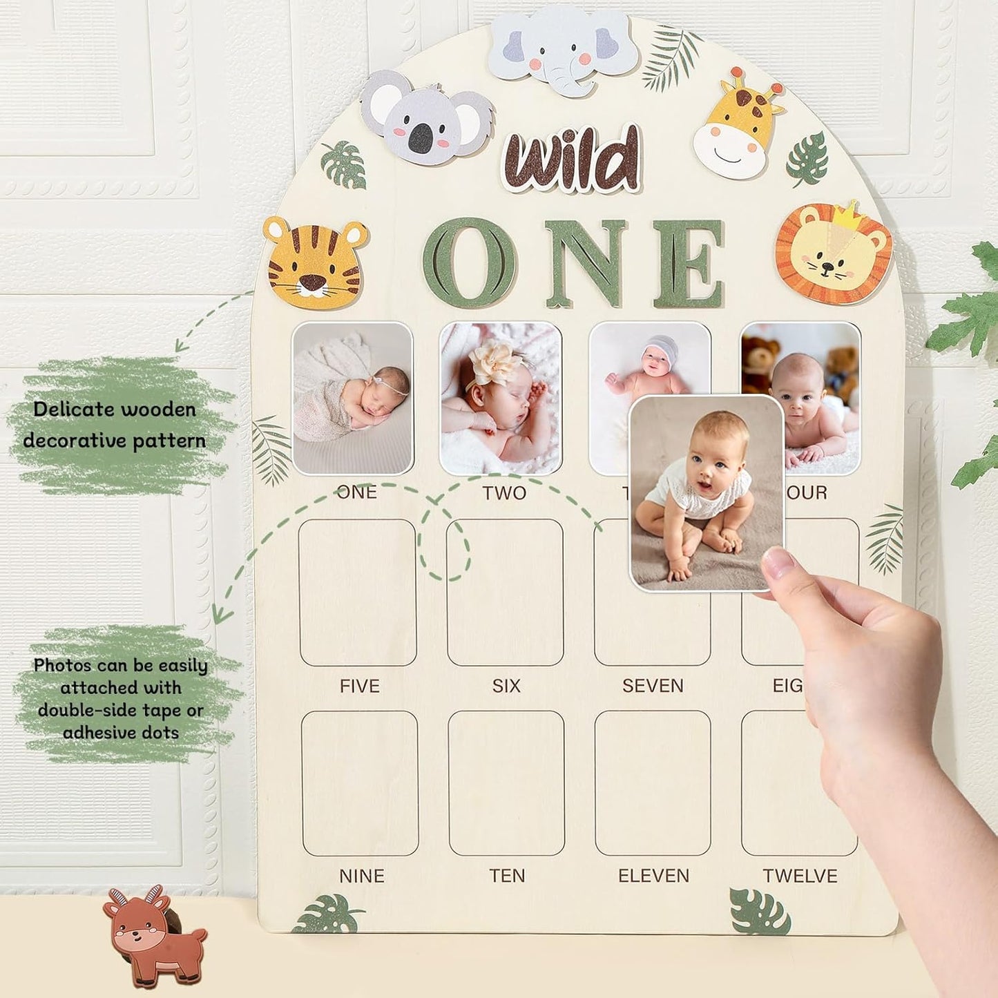Photo Board Jungle Animals Birthday Party Wooden Board Decorations 12 Monthly Milestone Picture Frame One Year Old Wood Sign 1st Birthday Photo Banner for Baby Boy Girl Keepsake Gift Supplies