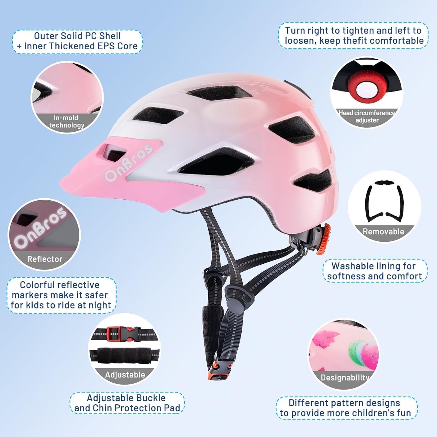 OnBros Kids Bike Helmet - Bike Helmets for 5-14 Boys or Girls with Visor, Children Bicycle Helmet for Skateboard Mountain Scooter Road Cycling, Lightweight and Adjustable 50-57CM