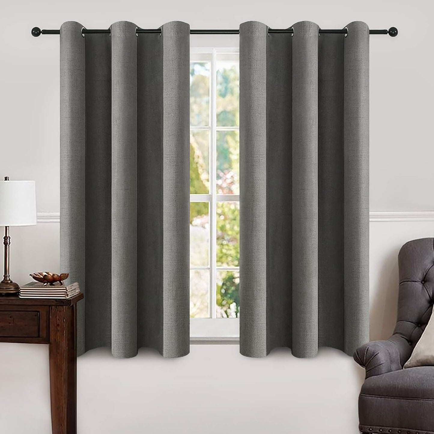 MIULEE Linen Blackout Curtains and Drapes 100% Room Darken Thermal Insulated Grommet Window Panels with Coating 2 PCs W 42 x L 63 inches Dark Grey