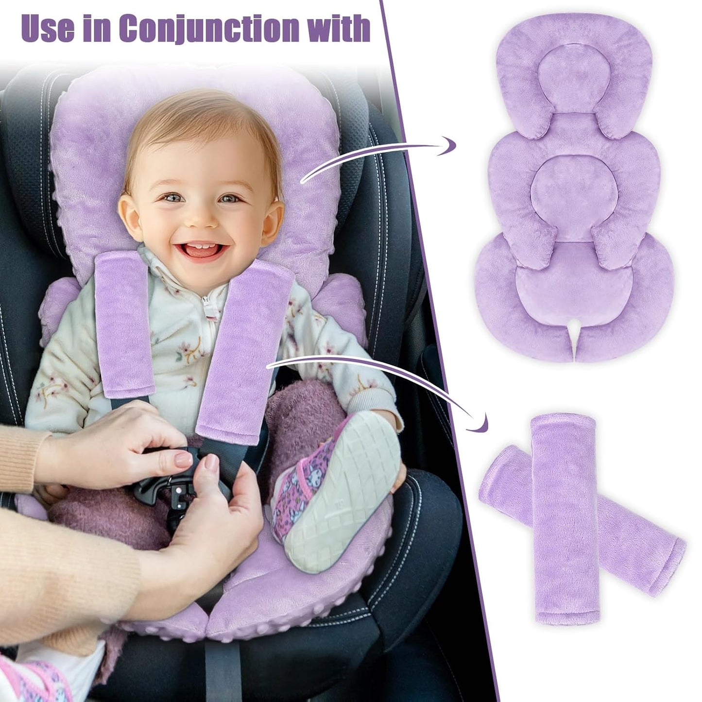 Infant Car Seat Insert Head and Body Support, GFU Reversible Newborn Insert for Carseat with Strap Pads, Soft Stroller Cushion Pillow Insert for Boys and Girls, Fits for Stroller, Swing, Purple