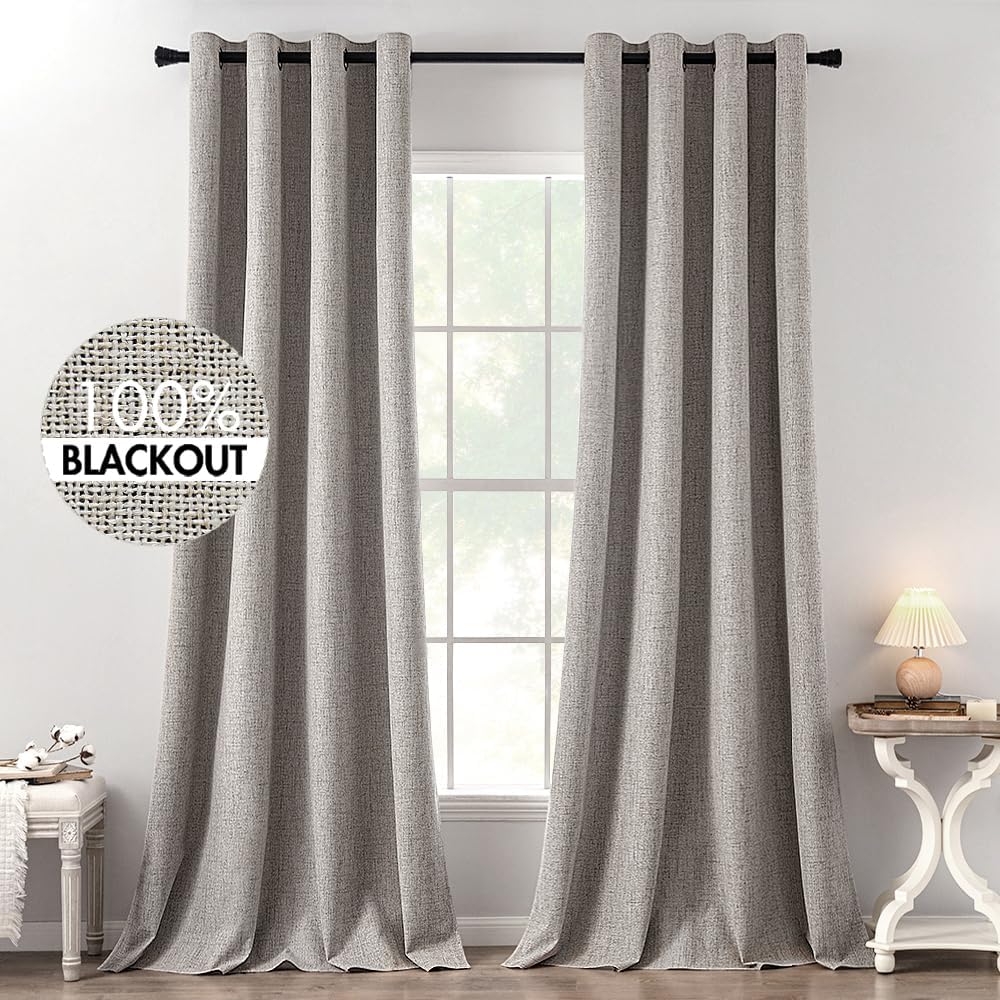 MIULEE 100% Blackout Linen Textured Curtains for Bedroom Solid Thermal Insulated Warm Taupe Grommet Room Darkening Curtains & Drapes Luxury Decor for Living Room Nursery 52 x 120 Inch (2 Panels)