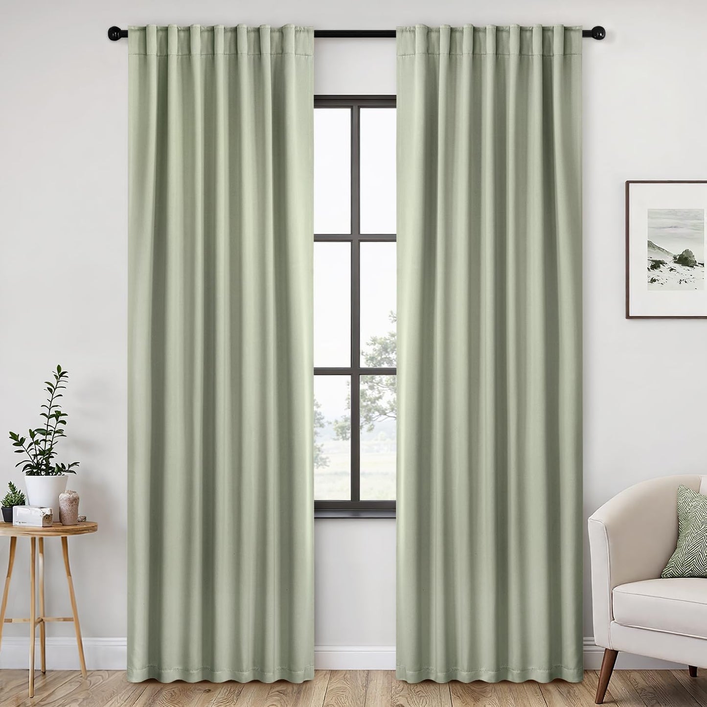 ANRODUO Back Tab Blackout Curtains for Bedroom Living Room, Rod Pocket Pinch Pleated Thermal Insulated Room Darkening Curtains 90 Inches Long 2 Panels, Sage Green, 42 x 90 Inch