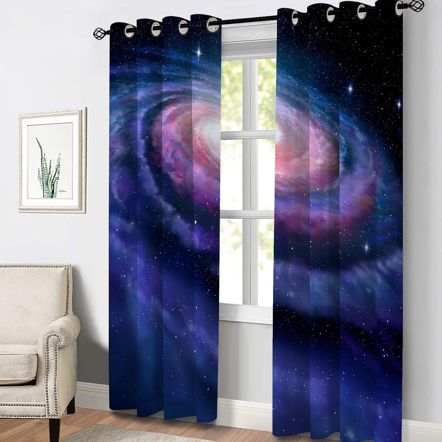 Aimego Galaxy Blackout Curtains Outer Space Universe Nebula Starry Sky Solar Planet Window Drapes Decor for Bedroom Living Room Grommet Top Room Darkening Curtains 2 Panel Set, 42"X63"