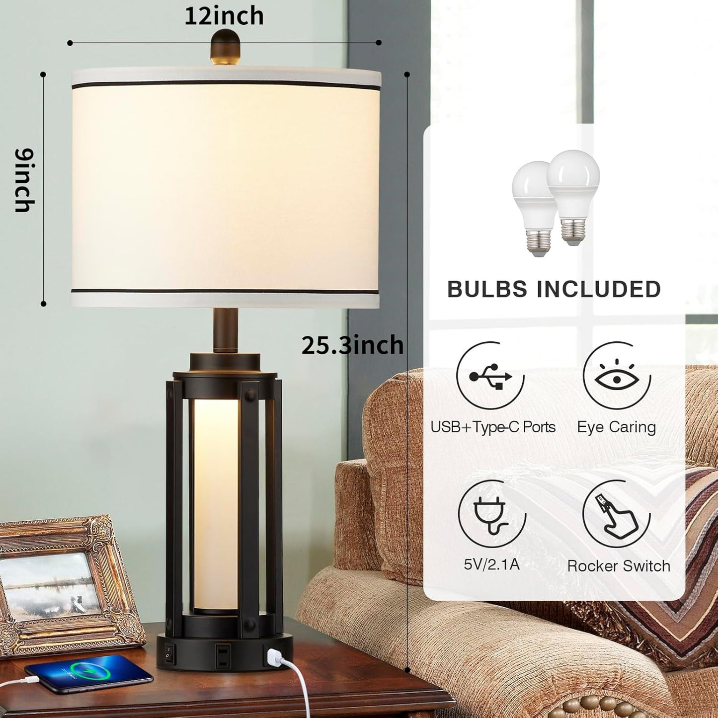26" Modern Table Lamp with USB A+C Charging Ports & AC Outlet, Industrial Beside Contemporary Lamp Glass LED Night Light for Living Room Bedroom Nightstand End Table Single Black(2 Bulbs Included)
