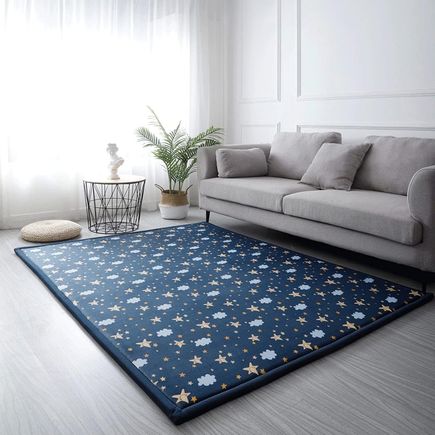Loartee Coral Velvet Area Rug - 1" Thick Memory Foam Baby Play Mat, Washable Toddler Carpet, Home Decor for Living Room, Nursery, Kids Bedroom, Starry Blue, 6'7"x7'10"