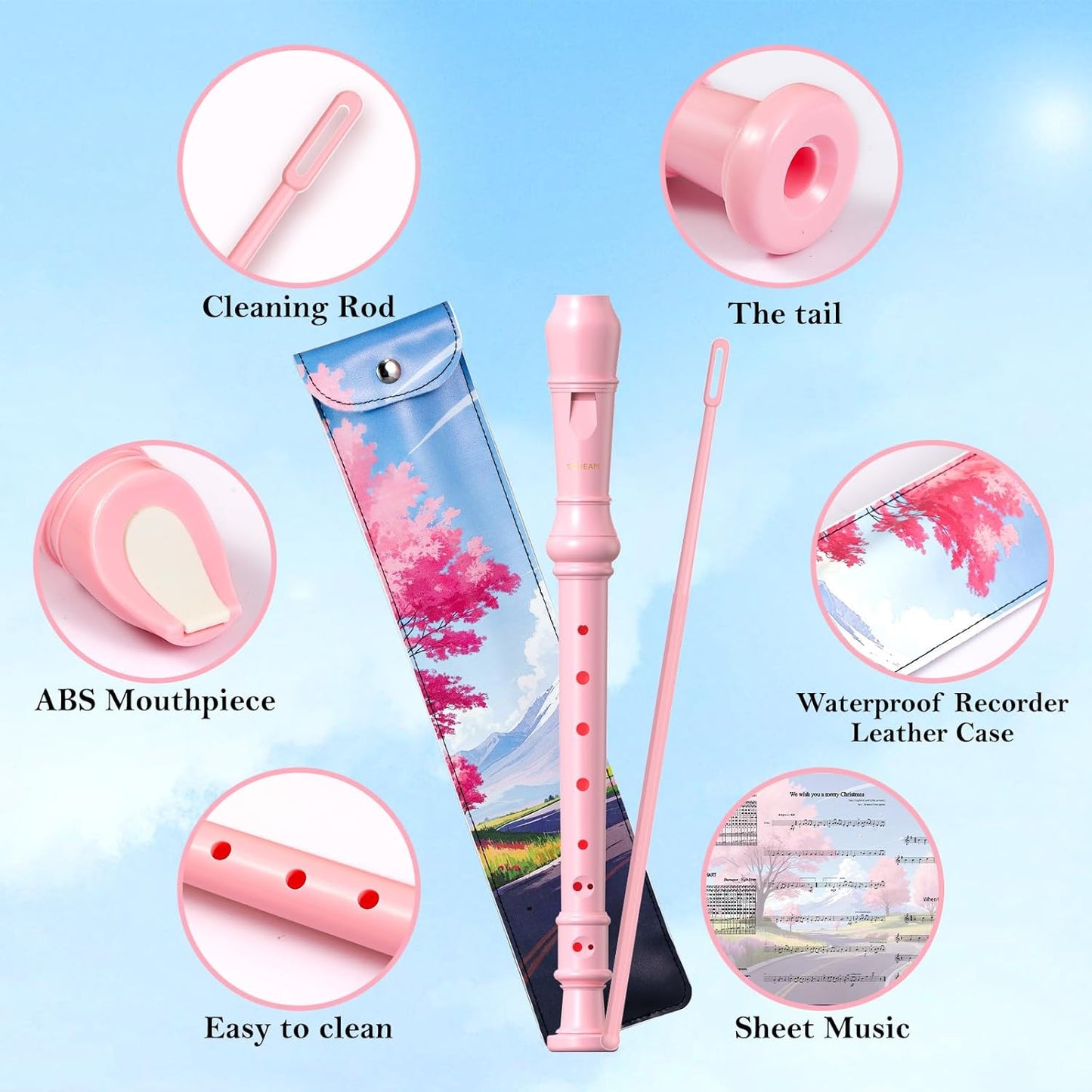 SDREAM Soprano Recorder Instrument for Kids and Adults - Beginner 8 Hole German Fingering Recorder Flute With Cleaning Rod, Packing Bag and Sheet Music (Pink)